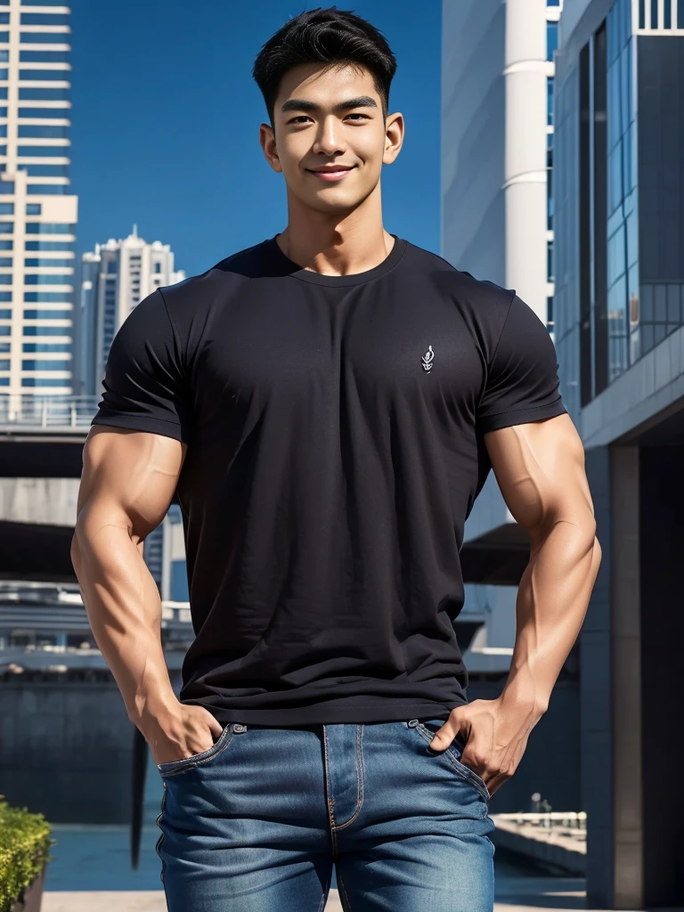 Masterpiece, best quality, high resolution, realistic, handsome, Take beautiful photos, Sayk, NRF, Photo of the 35 year old gym association (The man has a thin mustache.),Full body, Portrait, standing in the garden , make military media, weight, Amazing , Buzzcut short hair,stubble head , (Hyper Muscle),looking at the audience, Flirt with the camera, charming, (Tight navy blue workout shirt. ),(GS-Male:1), 8K,Bokeh,Portrait,look at the viewer,