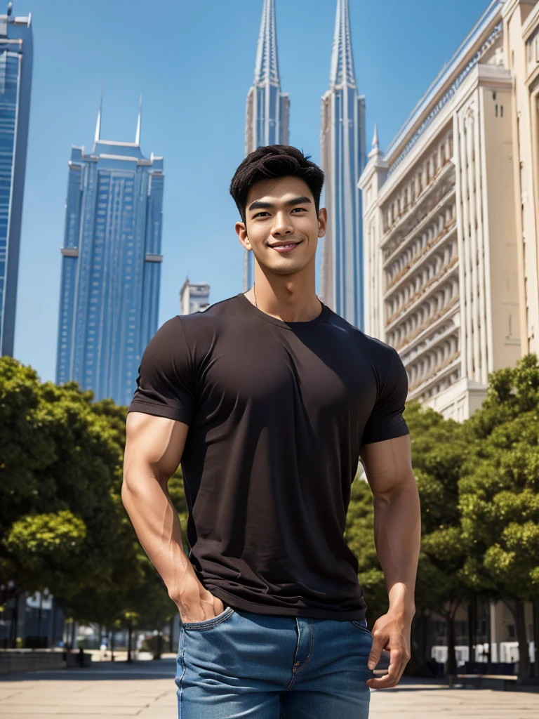 man , Brown t-shirt, jeans, black short hair , outdoor , cute smile , หน้าhandsomeแบบเกาหลีสมจริง , modest muscles , Masterpiece、High resolution、Surreal、detailed face、alone、man、Glowing skin、(Asia)、handsome、(tall building background:1.5)