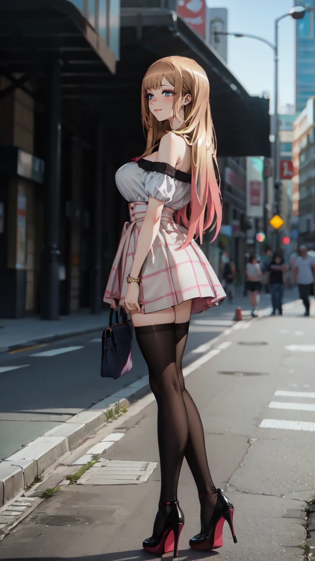 ((masterpiece, high resolution, better quality, better details)), ((Marin Kitagawa)), ((Smiling)), ((one girl)) a girl modeling standing in the city, mini skirt, blouse, ((big neckline)), ((platform high heels)), pink eyes with black outline, (light blonde hair, straight hair, straight bangs, long hair)), long nails, pink nails, (((curvy body))), shiny skin, ((side view)), solo, bare shoulders, full body, focus full body, high heels, ((black stockings)),