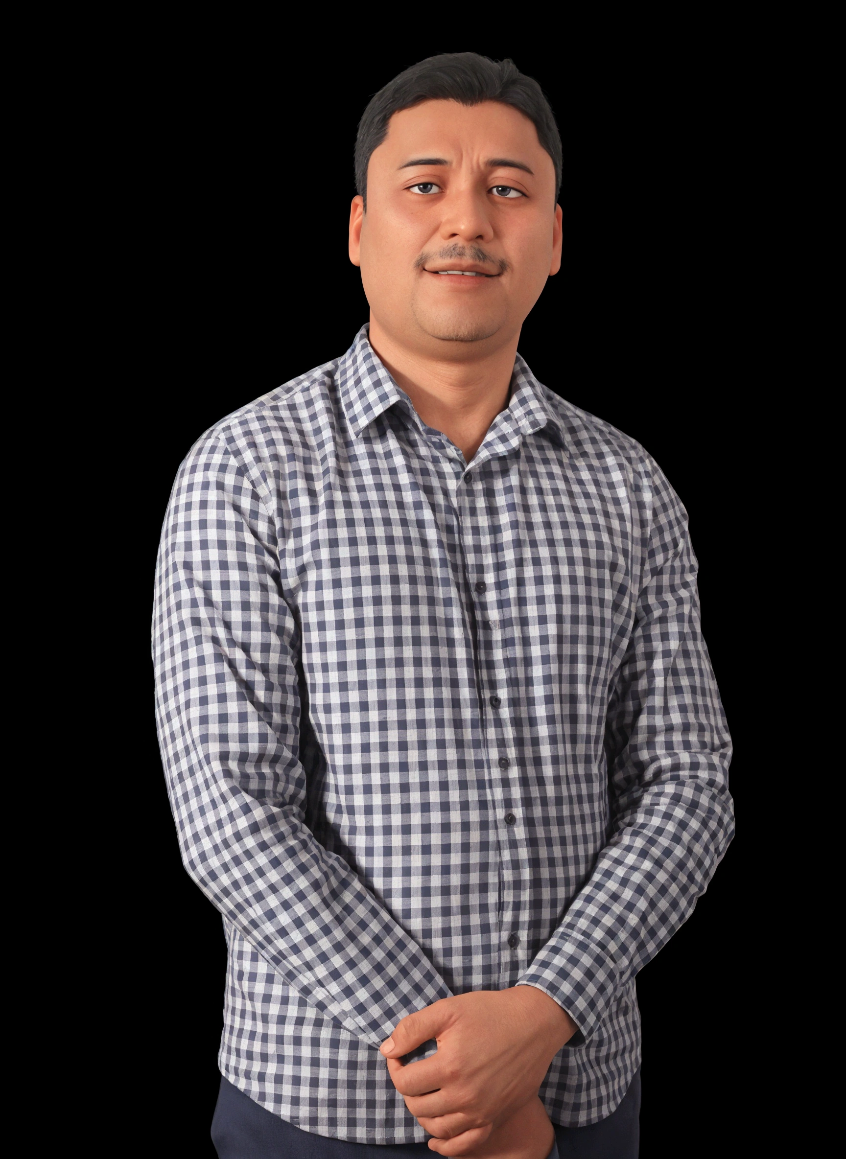 trimmed man in a blue and white checkered shirt standing, nivanh chanthara, Khyzyl Saleem, on black background, full body shot photograph, cheung's grandmother, johnatan wayshak, a photo of a man, photo of a man, Eichiro Oda, reddit post, Mohammed Chahin, happy, and no beard.