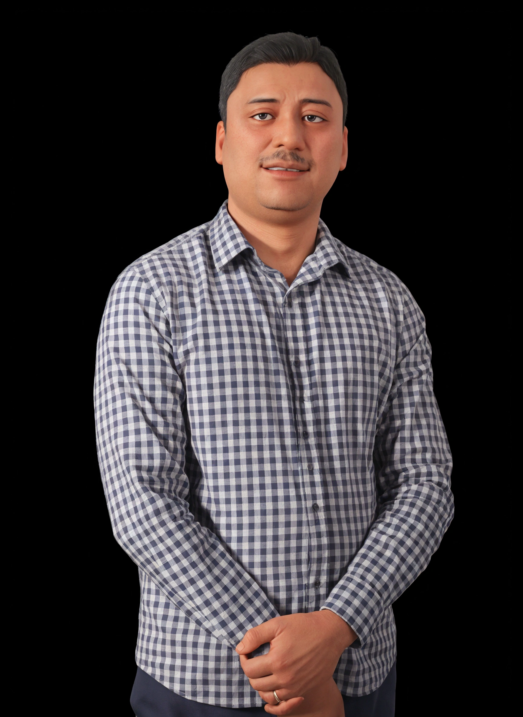 trimmed man in a blue and white checkered shirt standing, nivanh chanthara, Khyzyl Saleem, on black background, full body shot photograph, cheung's grandmother, johnatan wayshak, a photo of a man, photo of a man, Eichiro Oda, reddit post, Mohammed Chahin, happy, and no beard.