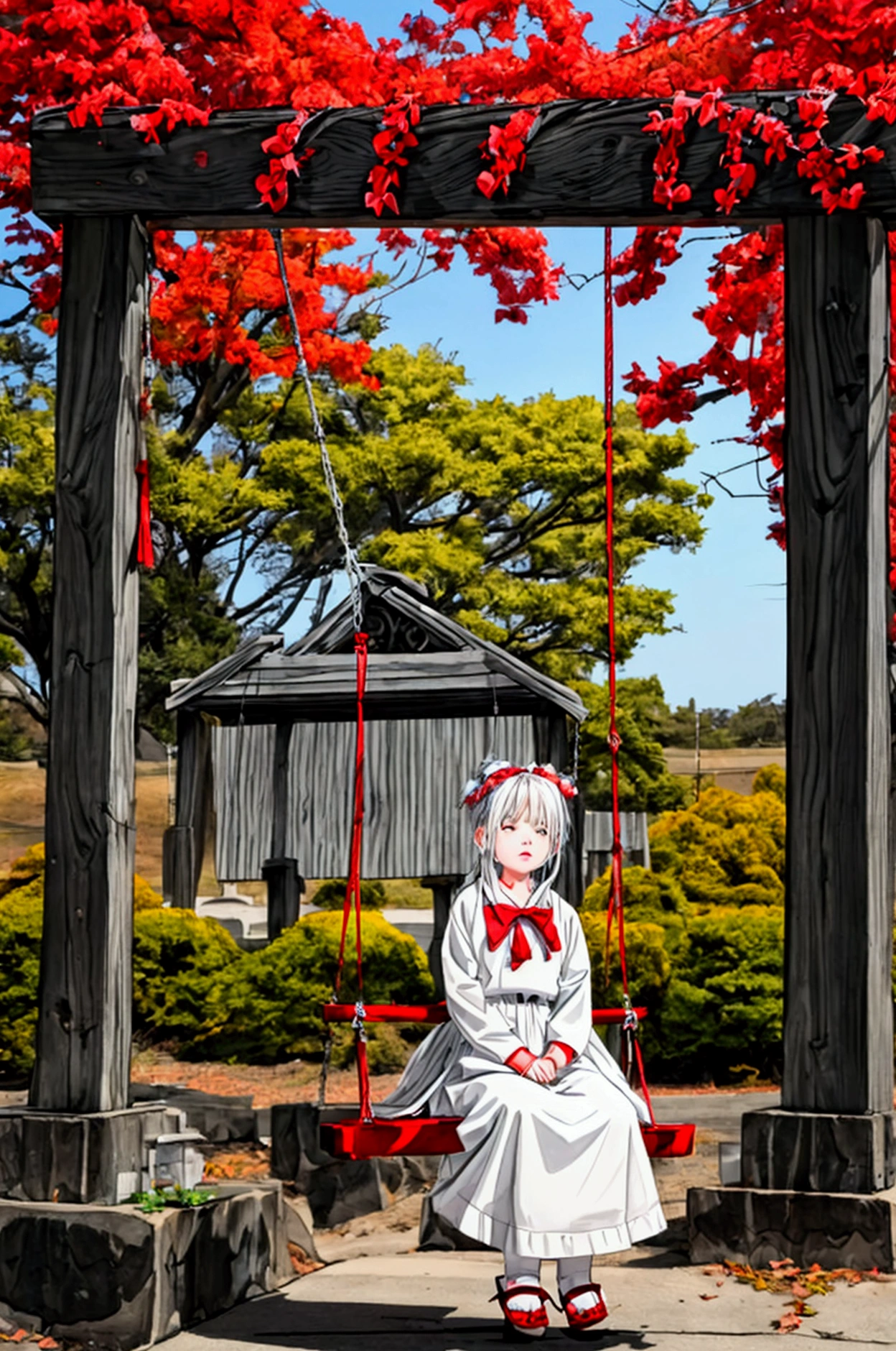 with white hair,With a garland on the head,The wreath is attached with red hairbands on both sides,Sitting on the swing,There is a grave under the swing,Bow your head,Looking at the grave,gloomy,View downward