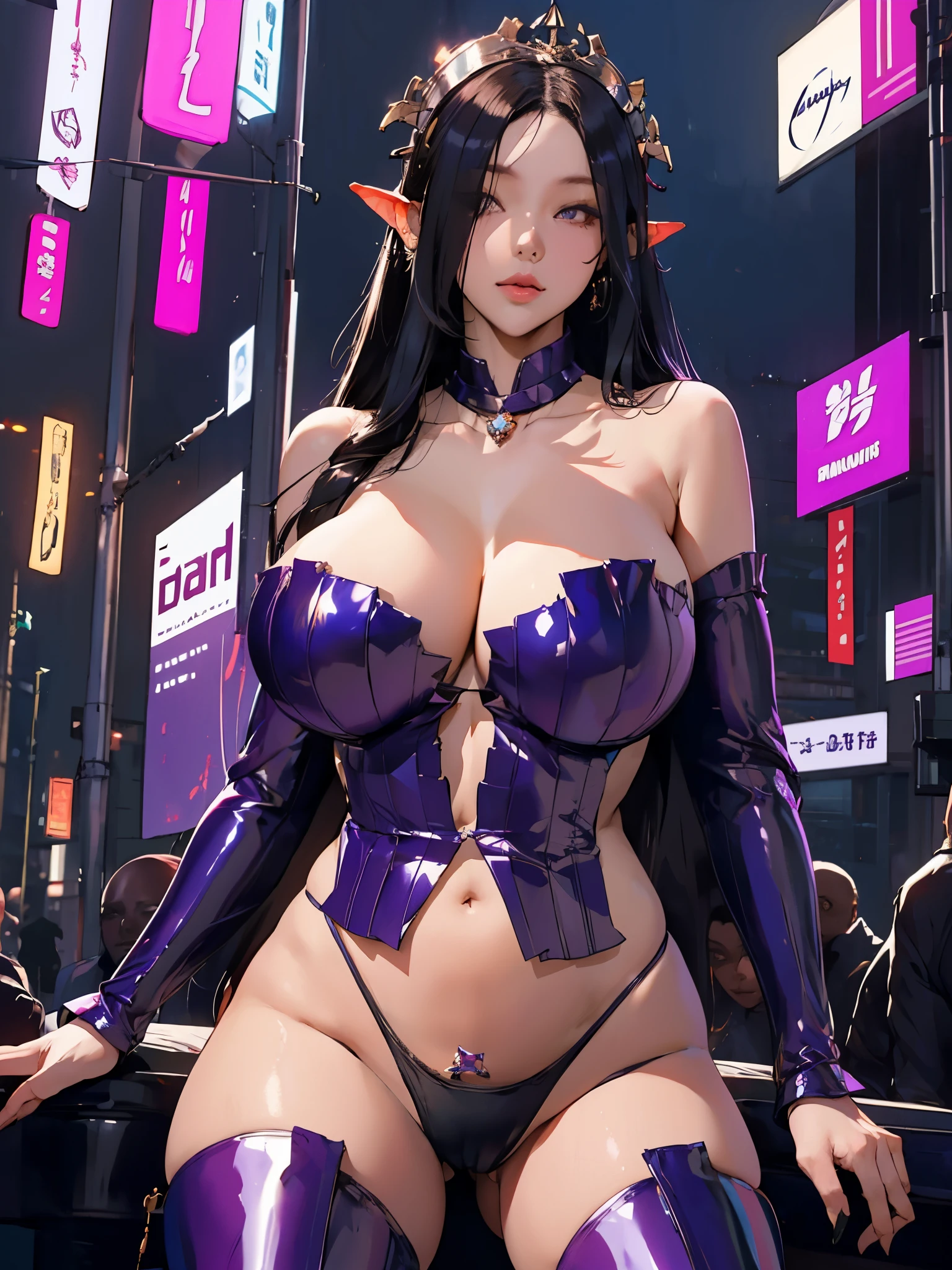 1girl, revealing clothes, gigantic breasts, thighs, bare shoulder, hair over one eye, very very long hair, straight black hair, yellow eyes, dark skin, dark-skinned female, detached sleeves, purple sleeves, highleg panties, thong, purple thighhighs, shiny, shiny skin, headpiece, jewelry, earrings, multiple earrings,