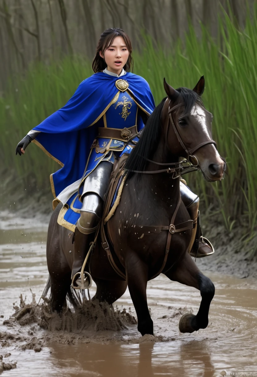 (((masterpiece))),(((Highest quality))),((Tabletop:1.4, Highest quality)), (Realな写真:1.4), in the muddy river,dirty swamp,horse ridden by girl fall over swamp,Sweaty girl,
((1 cute girl knight)),rodeo,horse standing,Surprised face,stumble,aggressive,slouch,horse standing, prancing horse in pitfall,cute,Napoléon horse sliped in pitfall,in the pitfall,Uplifting,Knight Princess,
(超High resolution:1.2),, wonderful, Very detailed CG Unity 8k wallpaper, Very detailed, High resolution,fat horse ridden by japanese girl,Double,Royal blue armor and cape,Soaking in the swamp,Mud Splash,
Soft Light, Beautiful detailed girl, Droopy eyes,Very detailedな目と顔, Beautiful and exquisite nose, Beautiful and exquisite, horse ridden by a girl can't stand up because its drowned in the sticky muddy pitfall:10.0 ,Displeased face:4.0,Real,Stir,Anatomically correct,action horse riding scene while struggle fighting
