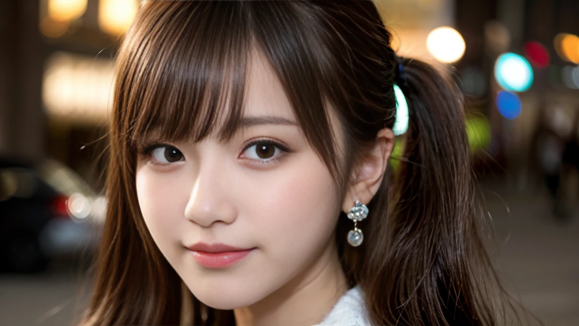 masutepiece, Best Quality, Illustration, Ultra-detailed, finely detail, hight resolution, 8K Wallpaper, Perfect dynamic composition, Beautiful detailed eyes, Down jacket,(pony tail hair),(爆乳:1.4)、Natural Color Lip, Bold sexy poses,Smile、22-year-old girl、Cute、Sexy shot looking at camera,Raw photo,Perfect and beautiful face,beautifull detailed face,Blur the background,Raw photo