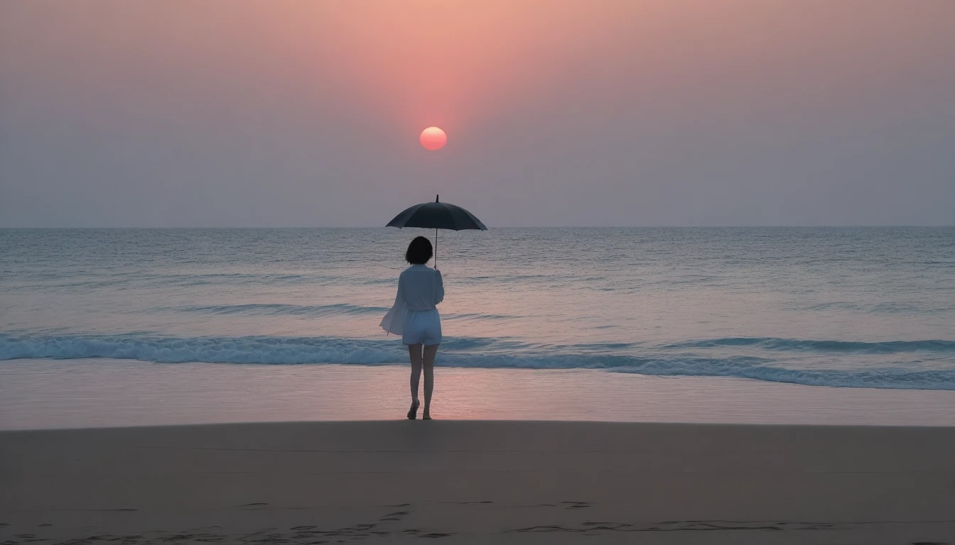 8k, Vivid picture quality, long deserted beach, walking slowly from afar, short hair woman, tower, White shorts, red light of sunset, alone, afternoon, depressed, tide가 밀려온다, ocean, tide, black umbrella , wind, short korean girl, black umbrella