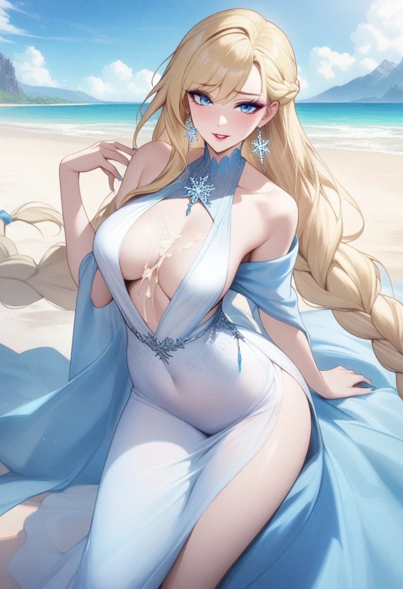 masterpiece, best quality, very aesthetic, absurdres, 1girl, mature_lady,white_dress,(cum_on_body:1.3),,elsa_(frozen), frozen_(disney), 1girl, blonde_hair, blue_eyes, braid, medium_breasts, single_braid, earrings, snowflake_earrings, eyeshadow, makeup, long_hair, very_long_hair,,on the beach,floating_clothes,