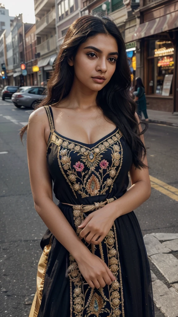 Prompt - ultra-realistic photographs,Indian Instagram female model,mid 20s,9:16,mid-shot,beautiful detailed eyes,detailed lips,longeyelashes,long black wavy hair, naturally full eyebrows,perfectly formed nose,expressive face,attractive appearance, large bosom
candid photo,vibrant and colorful frock, heavily
embroidered, golden hour street background, serene atmosphere,stunning architecture,soft and natural lighting,vivid colors,photorealistic, HDR,highres,studio lighting,ultra-detailed,bokeh,fully covered clothes