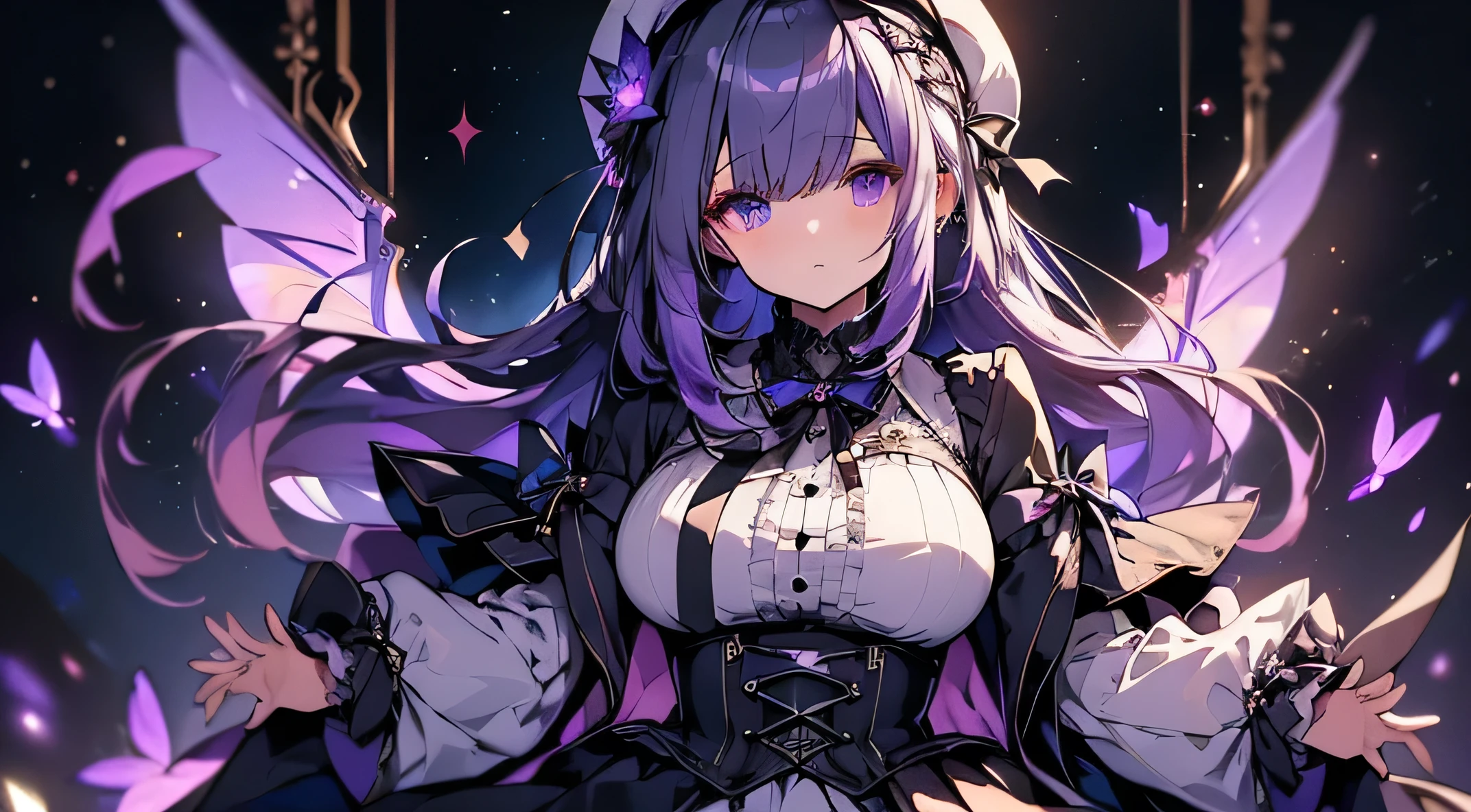 (Highest quality:1.3), (masterpiece:1.3), (figure:1.3), (Very detailed:1.3), One girl, alone, (((Old age, mature, expensive, Large Breasts,))) Purple eyes, Gray Hair, Long Hair, White Dress, Black coat, Black Beret, Serious expression, Angry expression, View your viewers, Purple Flower, hair ornaments, French Braid, Night Sky, Glowing purple butterfly,