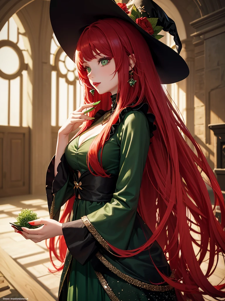 A girl with bright long red hair and green eyes.She's have a dark lipstick. She holds green magic in her hands and creates blooming flowers from her hands. She is wearing a black sequined dress and has witch hats on her head. Environment, magic room
