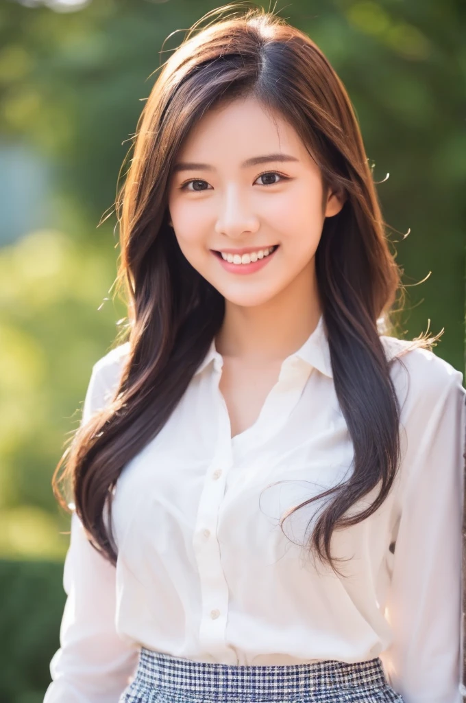 8k、High definition、Ultra Detail、Photorealistic、Realistic and accurate depiction、Realistic and accurate human anatomy、High resolution、Highest quality、Japanese Beauty、Best Quality,フォトリアリスティックHigh resolution,Cute Woman,Beautiful detailed eyes,Beautiful detailed lips,Smiling,Laughing,Cute,enjoy,Happy smile,Magical moments,looking at the camera、A slender body、Happy expression、Visible dimples、Random medium hairstyles、22 years old、Show the whole body、A neat and cute blouse design、A skirt with a neat and cute design