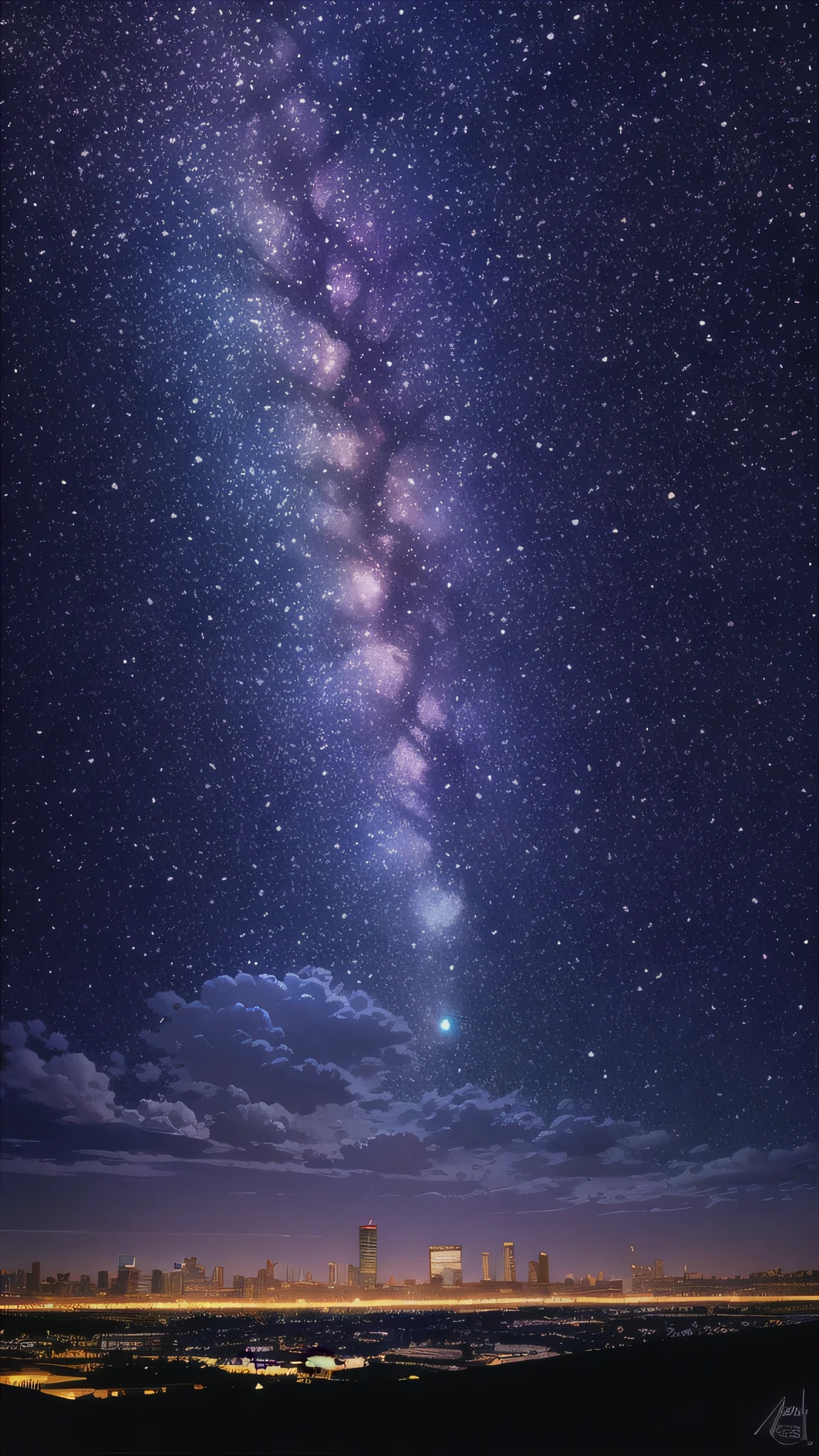 octans, sky, star (sky), scenery, starry sky, night, 1girl, night sky, solo, outdoors, signature, building, cloud, milky way, sitting, tree, long hair, city, silhouette, cityscape