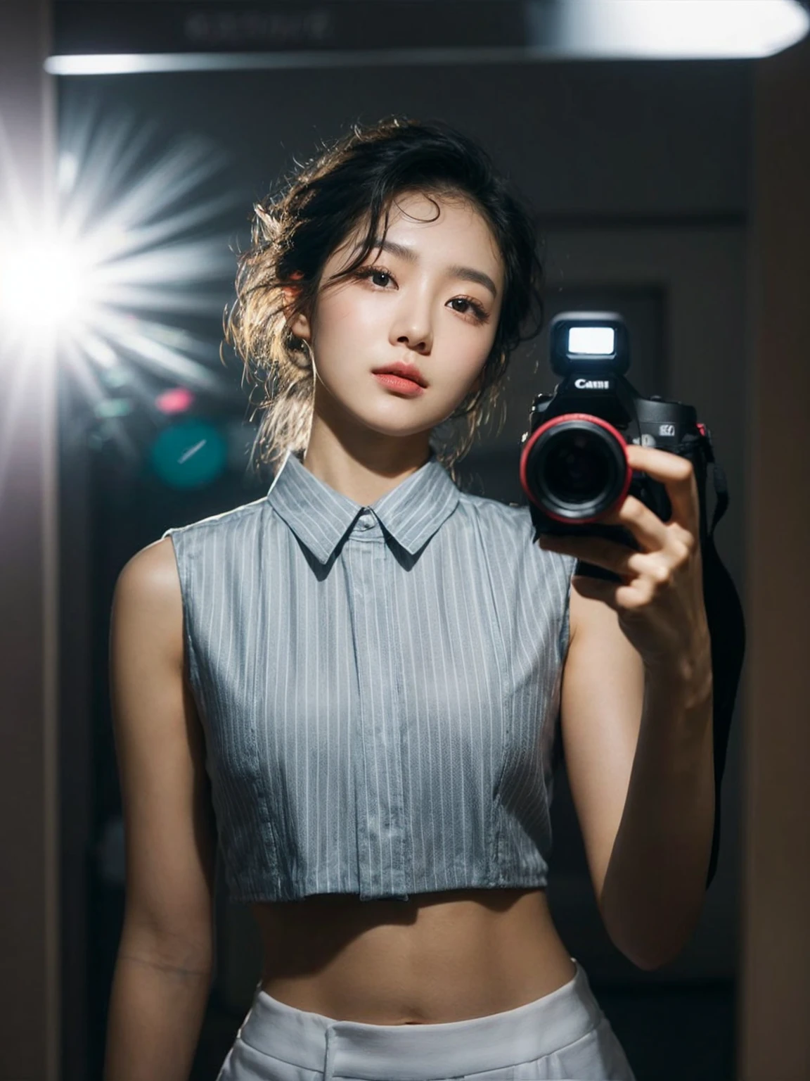 A captivating selfie of a young korean woman, taken with a Canon EOS camera, showcases her serene expression and flawless makeup. Her bright grey, vertically striped sleeveless shirt crop reveals a stunning, toned physique. The camera's flash creates a striking glare in the mirror, illuminating the scene with a vibrant, almost otherworldly glow. Her messy wavy hair adds a touch of casual charm to the image, while the dim background emphasizes the subject's radiance in the foreground.