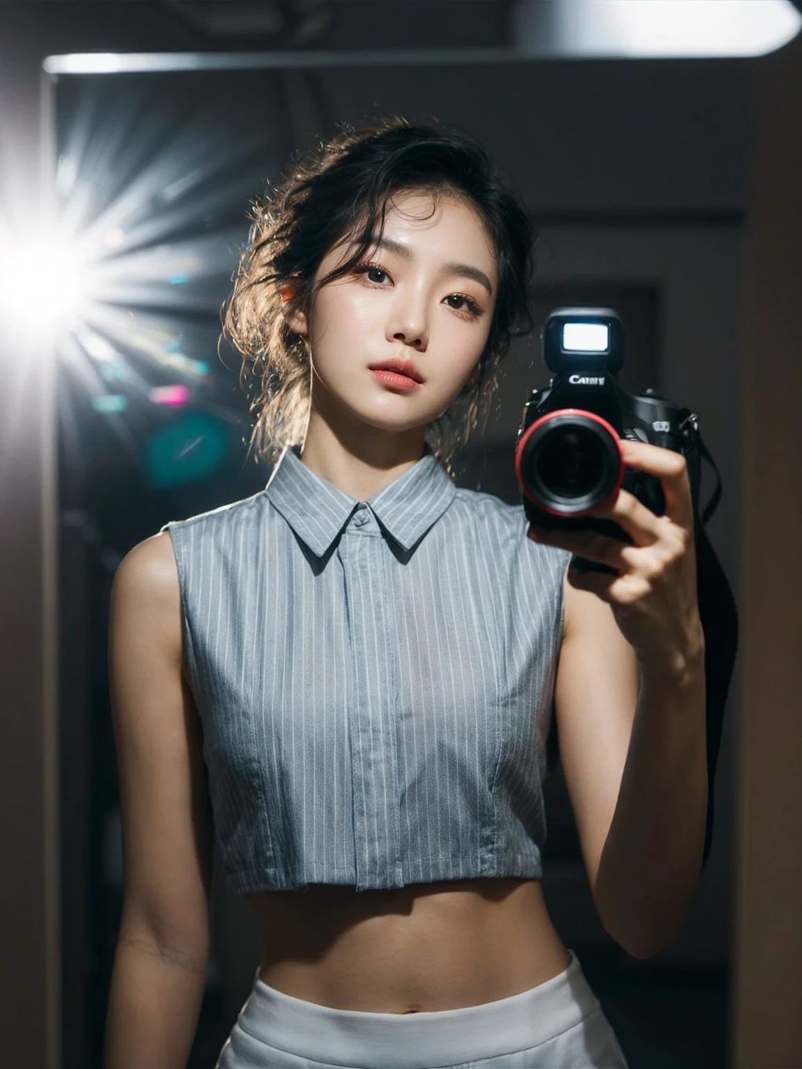 A captivating selfie of a young korean woman, taken with a Canon EOS camera, showcases her serene expression and flawless makeup. Her bright grey, vertically striped sleeveless shirt crop reveals a stunning, toned physique. The camera's flash creates a striking glare in the mirror, illuminating the scene with a vibrant, almost otherworldly glow. Her messy wavy hair adds a touch of casual charm to the image, while the dim background emphasizes the subject's radiance in the foreground.