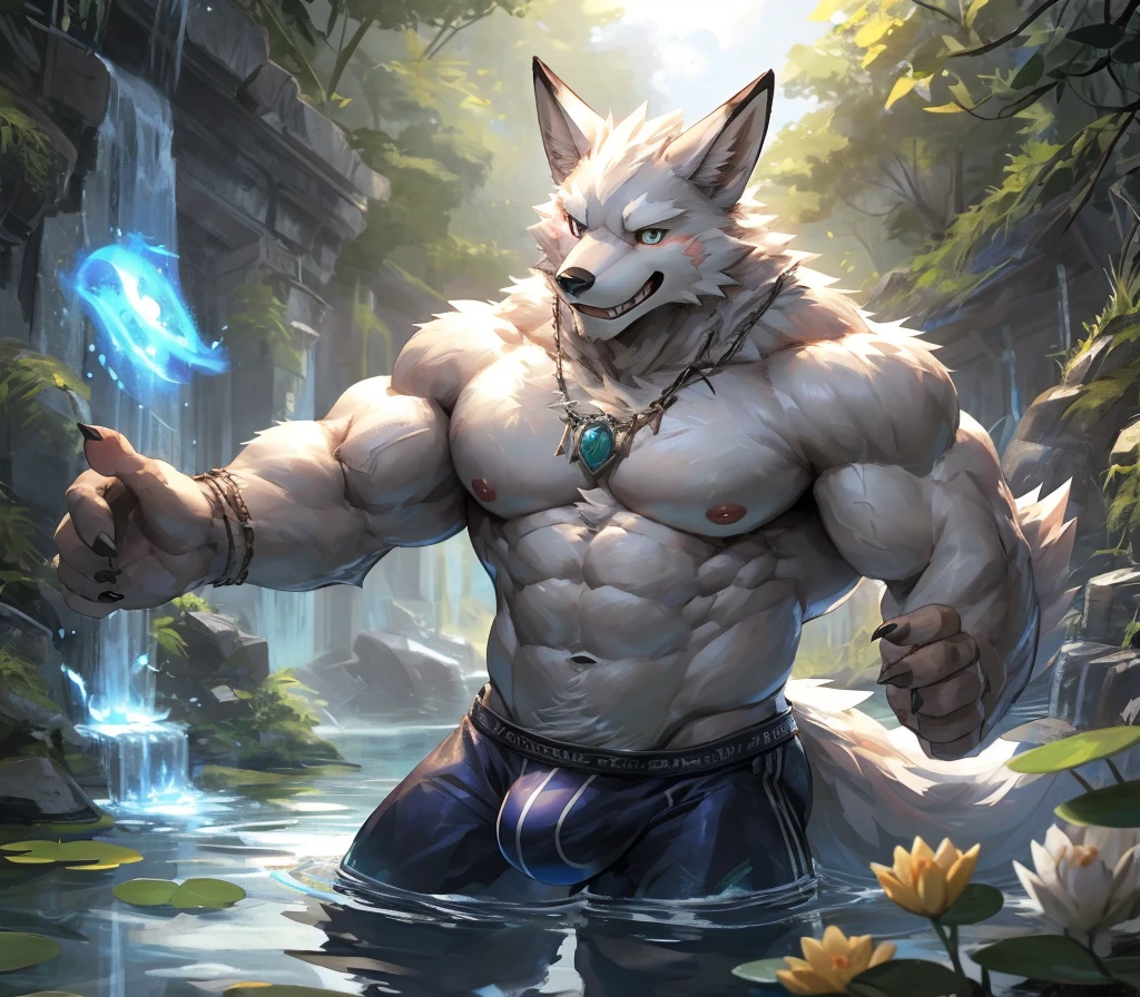 ((best quality)), ((masterpiece)), (ultra detailed), perfect face,(sharp eyes),sharp focus, (artist: lindong, null-ghost, dangpa, gamma_g, kulplant),(male antro arctic fox):1.7,((white fur)), ((white belly)), (fox ears), sharp eye,ultra-detailed eyes, Beautiful and delicate eyes, ((green):0.1 eyes), ((fluffy fur, fluffy, furry body)), muscular male , smile, (bulge), reflection, sexy body, middle-age, strong,(white fox tail, long fluffy tail), (abs, strong muscle, 6 pack), claw, pink nipples, handsome, majestic,Delicate canine teeth, hairy, male, anime,((shirtless,topless)), ((wearing green loincloth, with white pattern:0.4)), (full body), resting, dark shadows, pond, flowers, spirits, powerful, dynamic pose, illusions in background,mist, glowing, symbols, arcane magic,claws, no armor