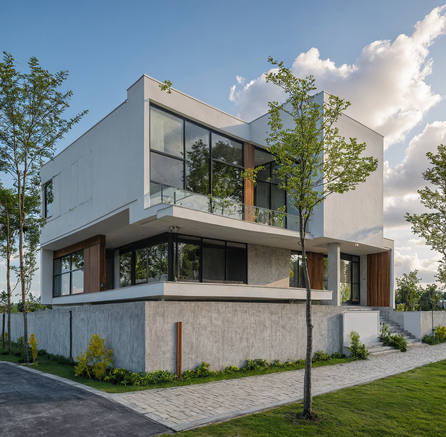 Masterpiece, high quality, best quality, authentic, super detail, outdoors, onestoreyvillaXL, aiaigroup, house style modern on the street ,stairs, white wall ,road,pavement, grass, trees, sky, cloud, (daylight:1.1)