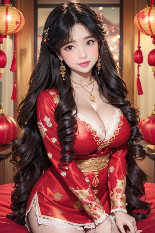 Wavy hair Wavy hair(((The eyes are delicate))),(((Hair accessories))),Necklace,Barbie doll wearing sexy red and gold lace sweater,The room is filled with Lunar New Year decorations((Grin))(((masterpiece))), ((best quality)), ((Intricate details)), ((Surrealism))(8K)(((Full and soft breasts,)))(((Huge breasts))) (((Cleavage))) (Perfect curvy figure)