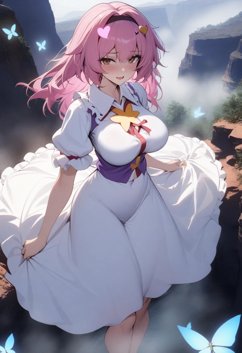 masterpiece, best quality, very aesthetic, absurdres, 1girl, mature_lady,white_dress,(cum_on_body:1.3),,komeiji_satori(touhou), pink_hair, hairband, heart_hair_ornament,,in the canyon,fog,dark,luminous butterflies, fluttering butterflies,