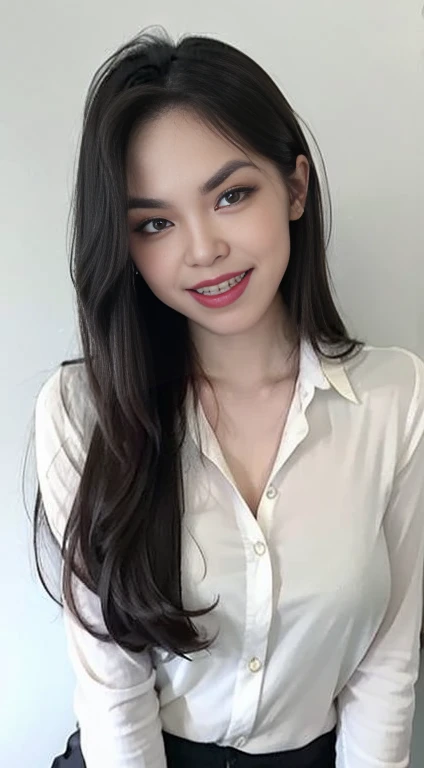 (best quality, masterpiece:1.2), white background, realistic, crew neck, closed-neckline, pants, (business jacket:1.2), (brown hair:1.2), big eyes, beautiful woman, smile, eyelashes, highly detailed face, fierce look, angry look, (long sleeved shirt: 1.2), looks like a naughty celebrity but is a good girl, virgin girl, inexperienced virgin girl, full body, (slanted angry eyebrows: 1.5), (discrete sex appeal: 1.0), (big kind smile: 1.2), (open mouth smile: 1.2), (happy: 1.2), (kind face: 1.2), (genuine smile: 1.2), (genuine smiling eyes: 1.2)