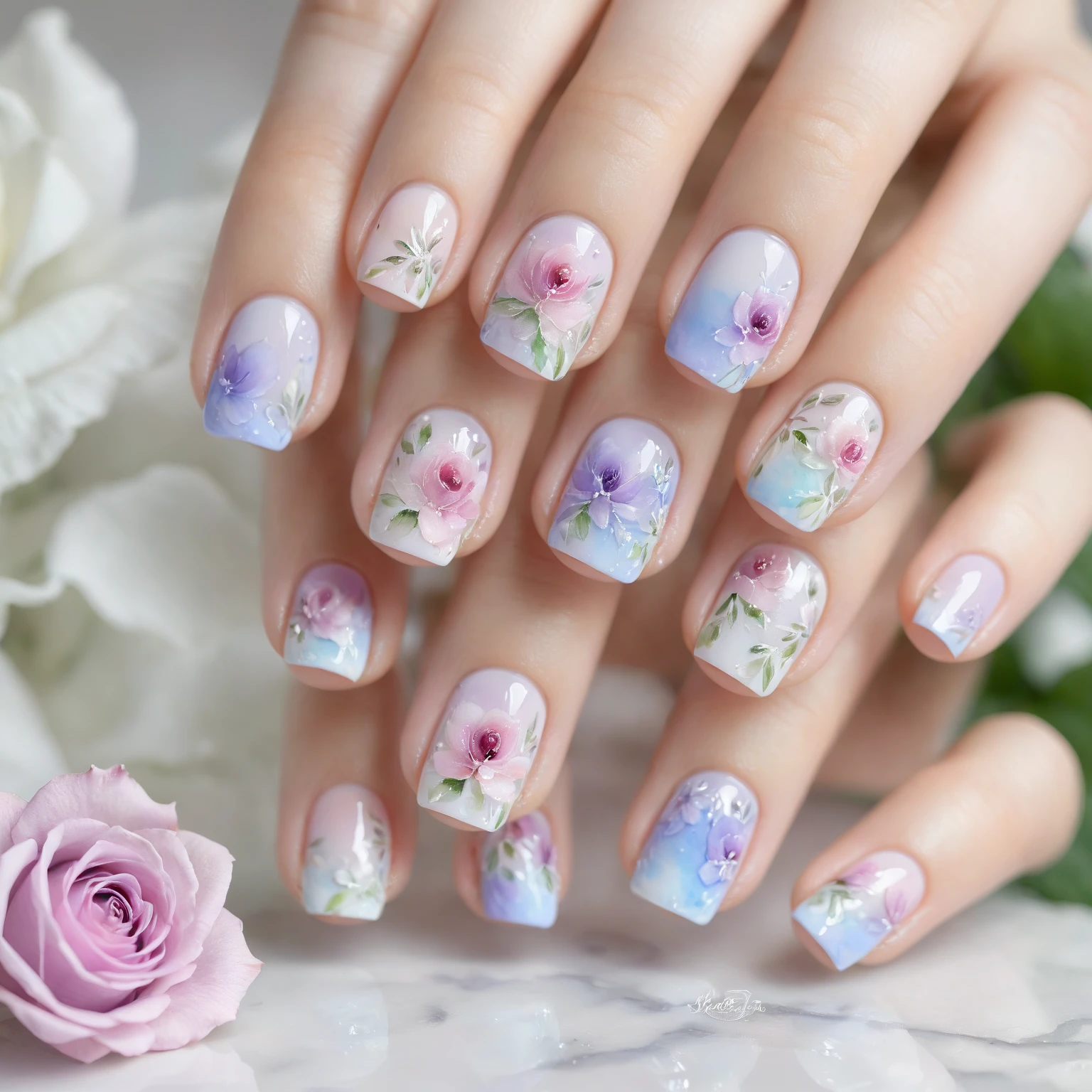 A Realistic, detailed, soft lighting close-up photo of a floral French manicure with a watercolor effect. The white tips are clean and crisp, while the base of the nails features delicate floral designs in soft pastel shades like lavender, baby pink, and light blue. The flowers appear as if painted with watercolors, with a soft, diffused look. The background is a white marble table with a single, dew-kissed rosebud resting beside the hand.