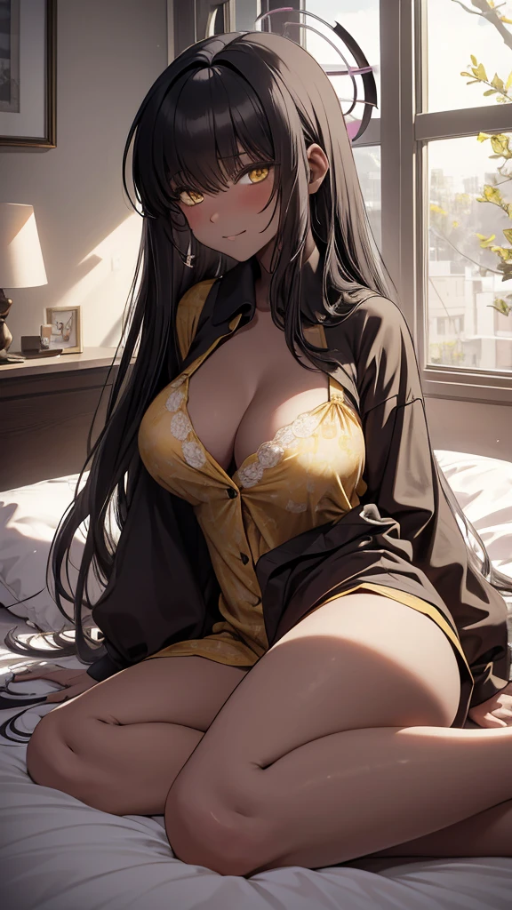 Masterpiece, best quality, long black hair, halo, bangs, yellow eyes, pajama, open pajama, big tits, see through, clevage, lying on beds, lying on one's side, looking at viewer, little smile, blushing, seducting eyes, morning situation, soft lighting, 