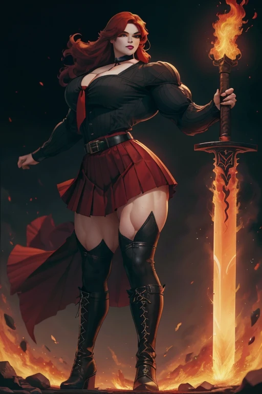 ((Massive tall, beautiful, buff, pale white skinned muscular asian woman with red hair, black lipstick, ginormous bulky muscles, carrying a fire sword and wearing a red long sleeve pleated shirt with beautiful long pleated skirt)), ((close view)), (massive muscles), long hair, yellow eyes, choker, ((red long sleeve pleated shirt and tie)), neck tie, ((beautiful long pleated skirt)), belt, thigh high socks, black boots, (in a fire city), closed smile, night, massive muscles