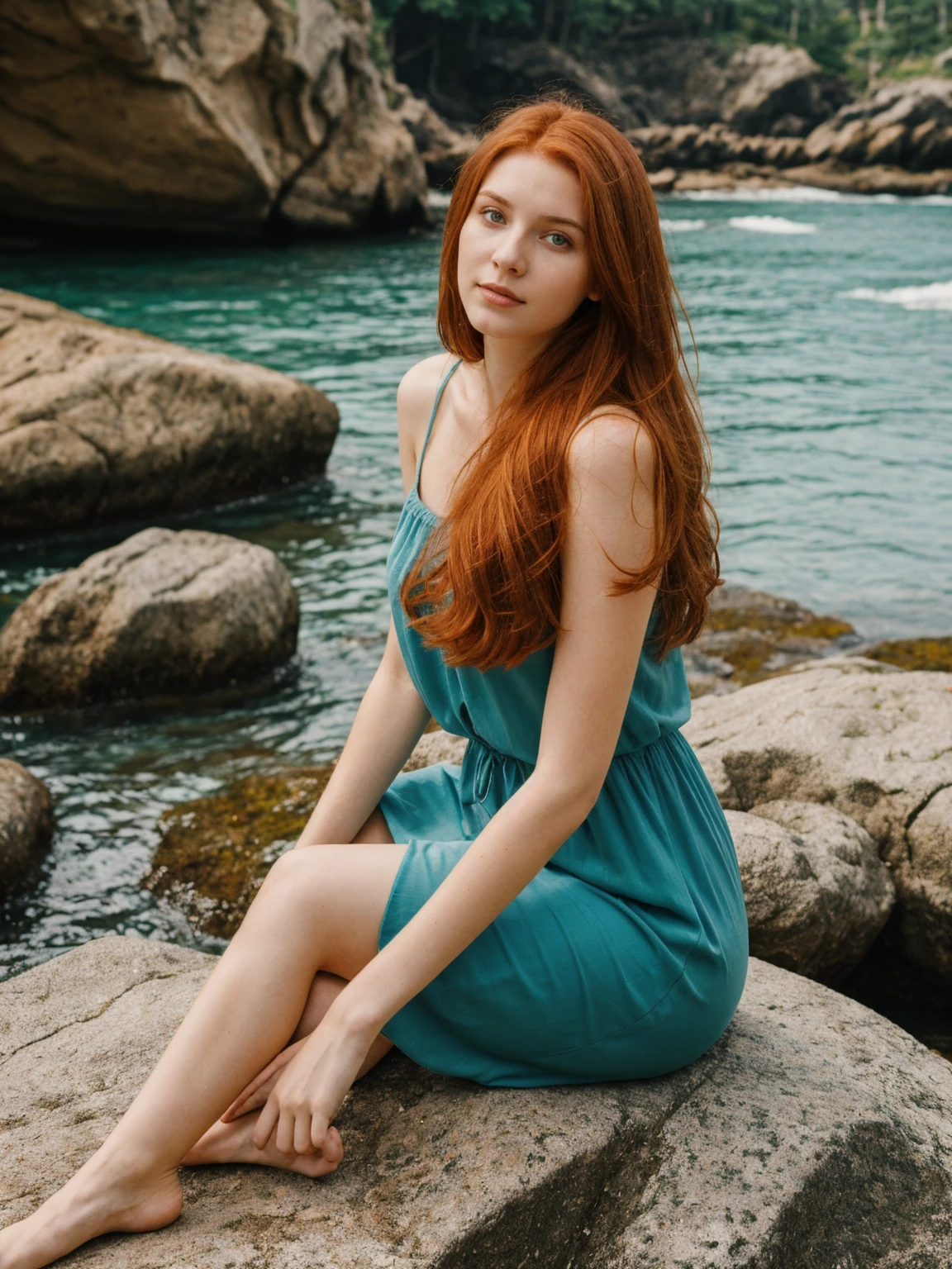 RAW PHOTO, her name is Sophia, high quality, ung woman, (((20-year-old russian woman))), (hourglass shaped body) fit , (((long auburn hair))), (pale skin), (green eyes), she is wearing a flowy sundress, sitting, BREAK, BACKGROUND: outdoor: Nestled between two rocky outcrops, a serene cove offers a peaceful retreat.