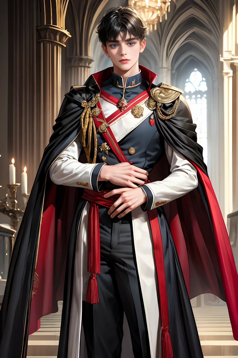 
masterpiece, 最high quality, high quality, 1 boy, alone, Male focus, Watching the audience,  Messy black hair, Adorable big blue eyes, White people, Noble, Noble,Sexy voluminous cape、vampire、A very voluminous, large, very large, very large, long, long red and black cape with a high stand-up collar, made of a lot of fabric that reaches down to the floor., 17 years old,Cute beautiful boys,Cute, cute, kind, handsome guy