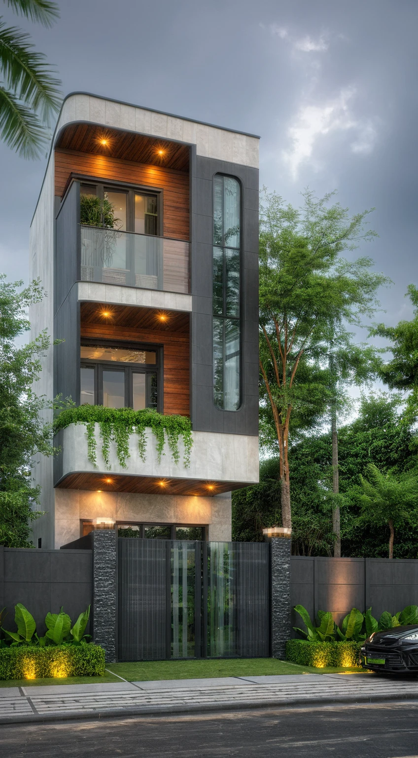 modern villa on street, (overcast lighting:1.2), tropical tree, vivid color, streetcapes, nice sky, grey wood and white tone, (large glass door:1.2), warm interior lighting, modern material, best quality, ultra realistic, masterpiece, 17ArchiAI_XL_VL-v1
