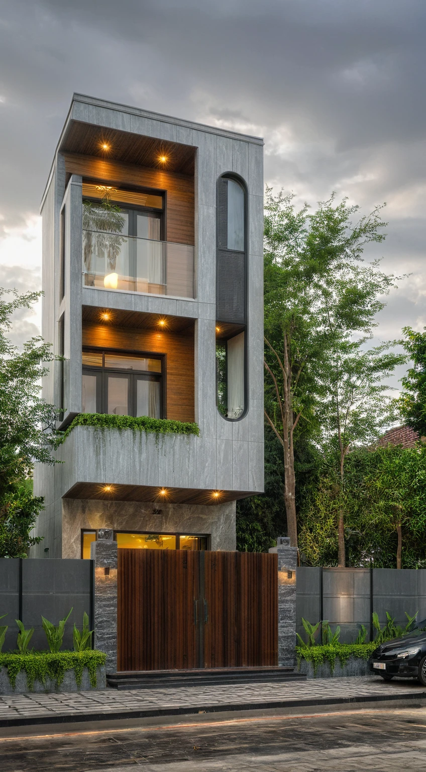 modern villa on street, (overcast lighting:1.2), tropical tree, vivid color, streetcapes, nice sky, grey wood and white tone, (large glass door:1.2), warm interior lighting, modern material, best quality, ultra realistic, masterpiece, 17ArchiAI_XL_VL-v1