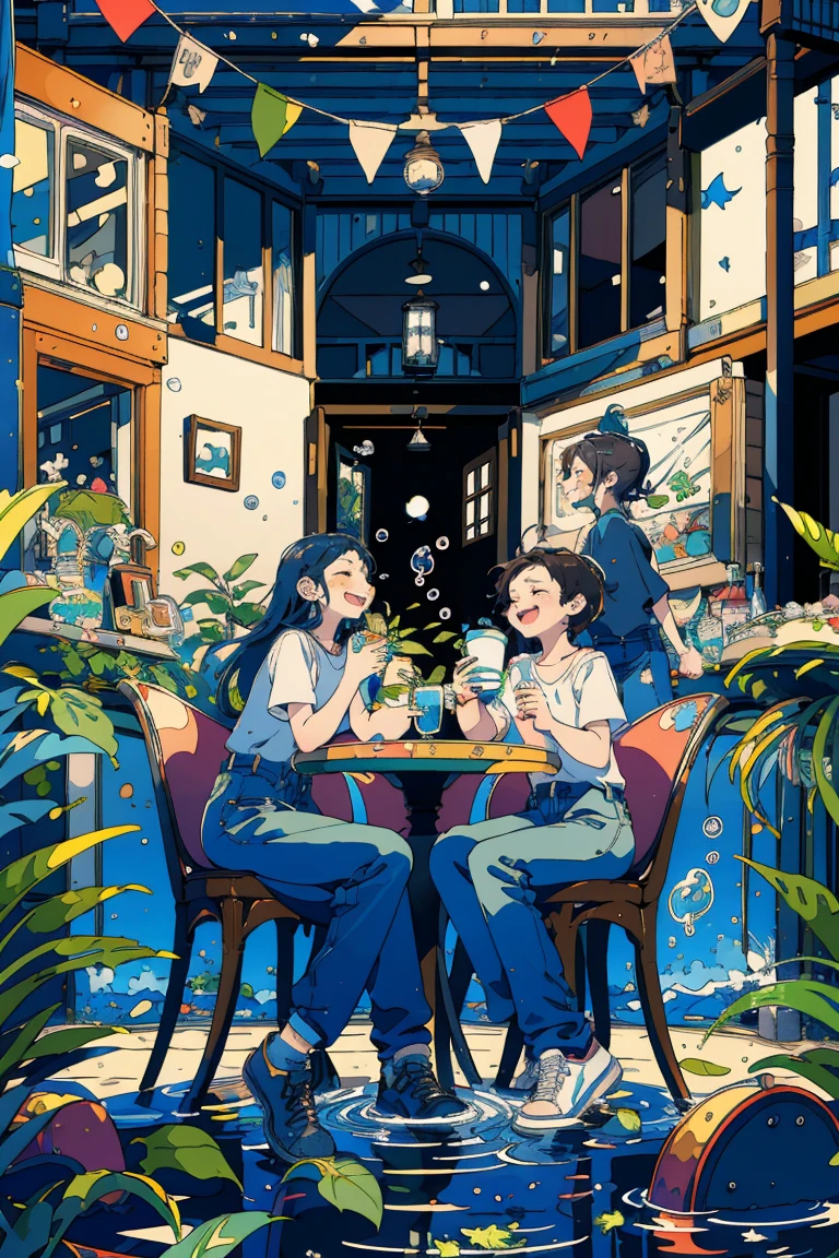 (masterpiece:1.2), Highest quality,Pixiv, 
Fairytale Style, Multiple women, 4 people, Short sleeve, Sitting, close your eyes, Chair, plant, cup, shoes, table, shirt, Open your mouth, water,  sign, bubble, pants, Wide Shot, leaf, smile
 