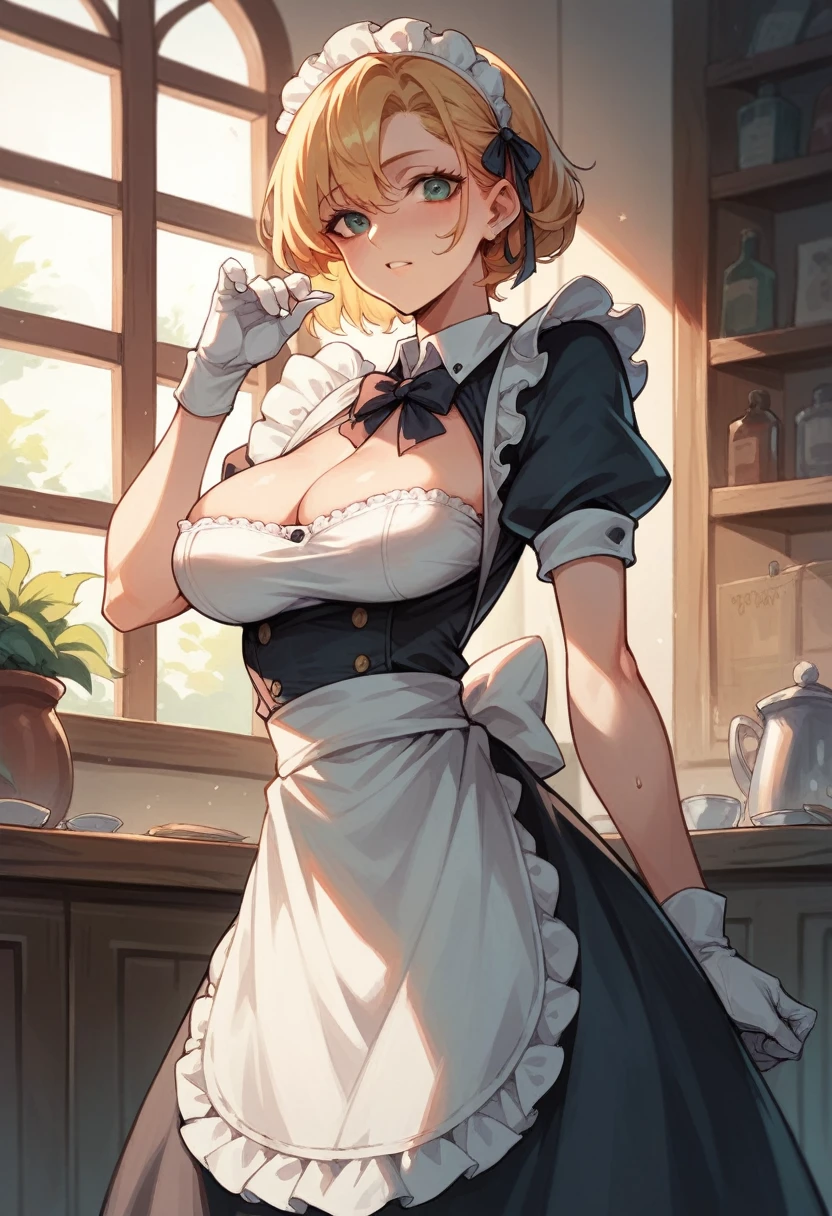 A very busty woman dressed as a maid