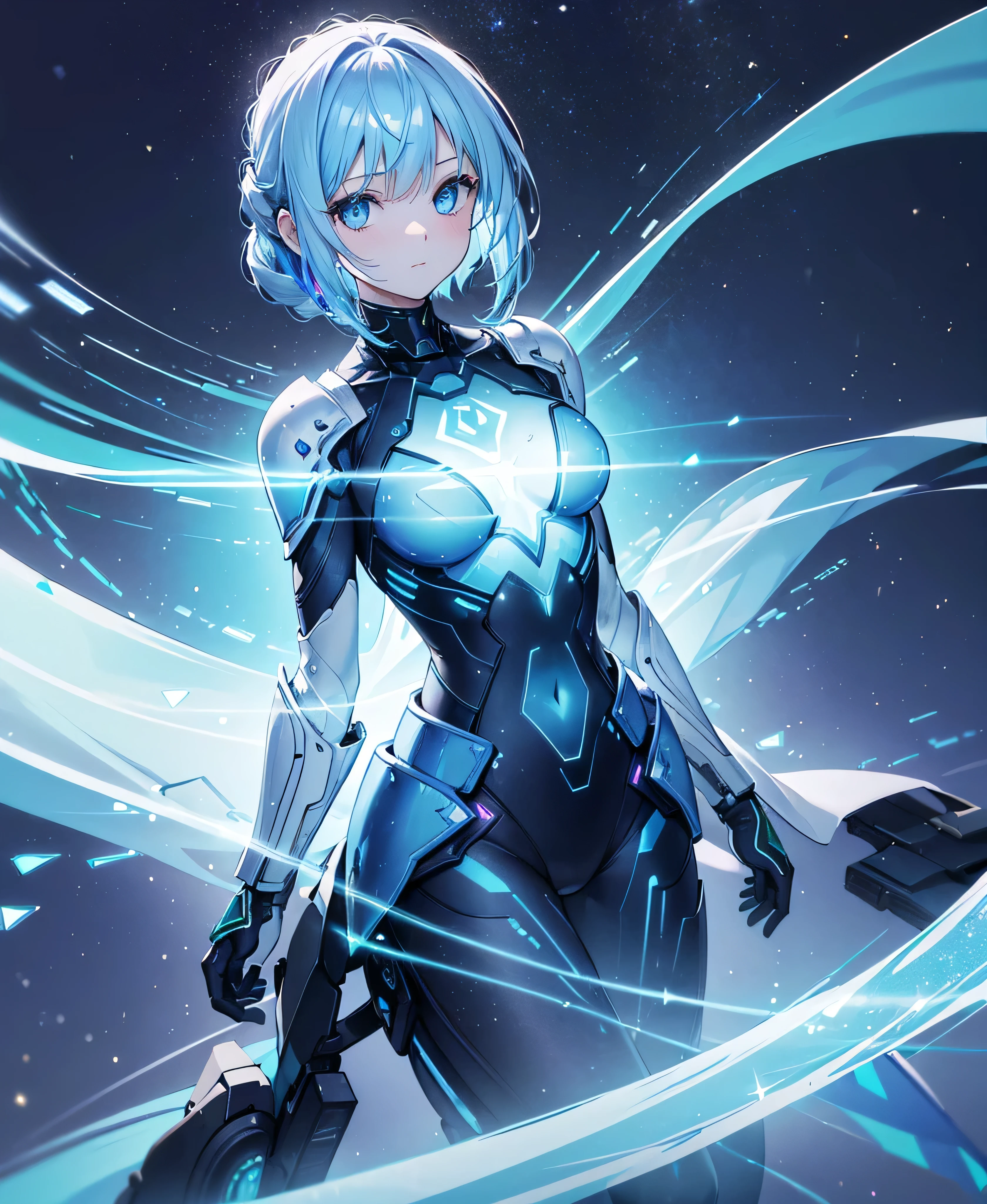 ((Holographic glow effect)),8k, Highest quality, (real:1.4), Original photo, 1 girl, Asari Hair, Biological Amplifier, refined armor, posture: Peace talks between warring factions, smart blue eyes,whole body,Vortex of Light,Band of Light