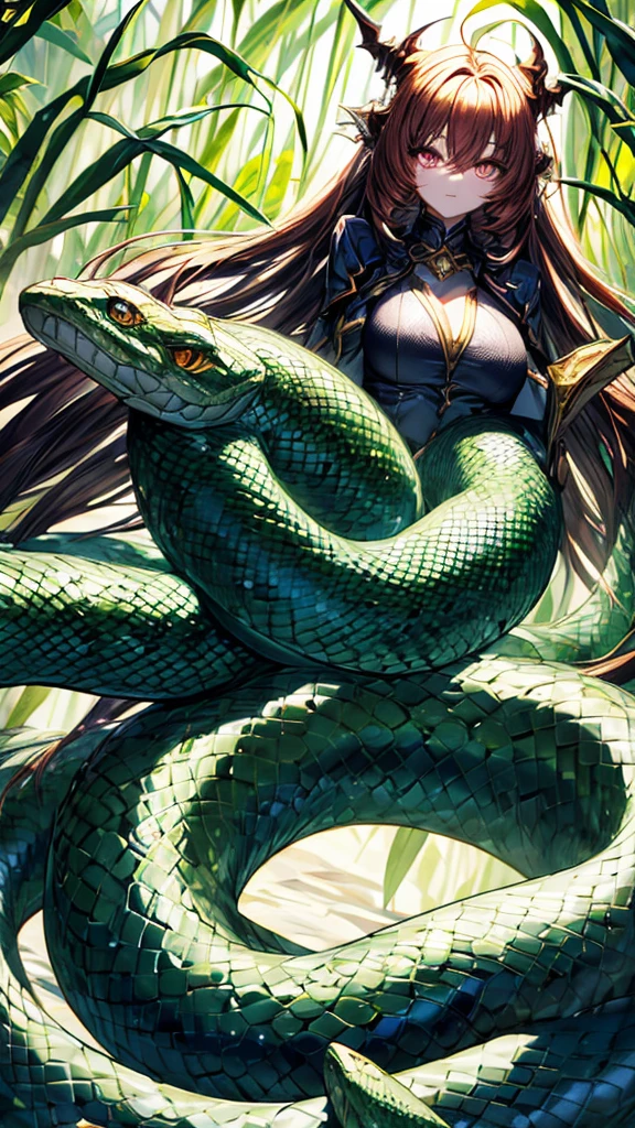 Lamia、The lower half of the body is that of a snake.、Female with a human upper body、Beautiful Hair、Deep in the forest、Golden Eyes、8K