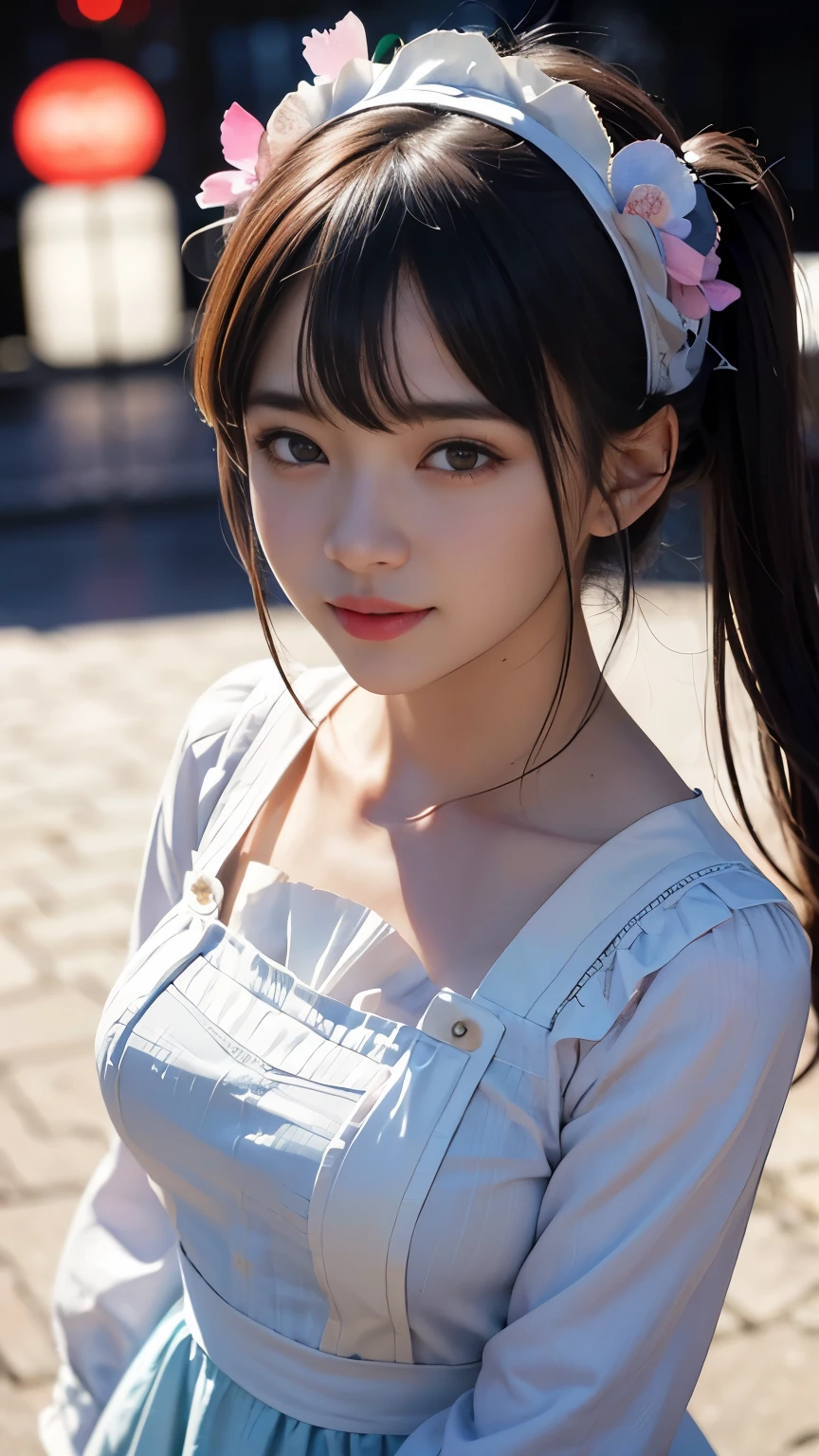 ((realism:1.3、Realistic:1.3、Photorealistic:1.3))、超A high resolution、(Portrait)、Surreal、Super detailedな、Ultra-compactな、 One girl, Very small face、((Japanese style maid))、(In the middle of the night), (Rainbow Hair),hair ornaments, Side Lock、(masterpiece:1.5、Highest quality、Highest quality、Highest Resolution、Super detailed、Ultra-compact、Octane Rendering、SLR、High Resolution、RAW Photos、Realistic textured face and skin),Dynamic Pose、Dynamic Action、Stadium、High angle shot、smile、Super big breasts、Anatomically correct、Degrees of Freedom:1.8、Get closer、Close up of a girl、Upper body bust shot、Colorful、colorful、Pink Interpolated Color、