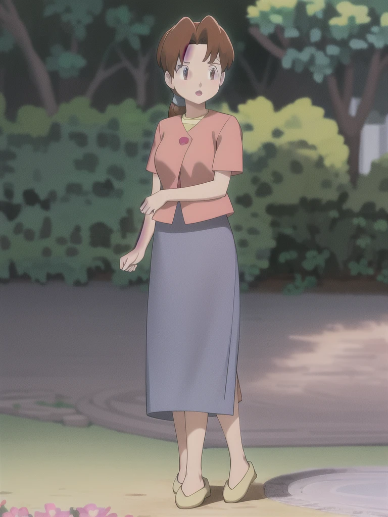 Delia_Ketchum 1girl, full body, looking at viewer, :d, open mouth, (extremely detailed CG unity 8k wallpaper), (masterpiece), (best quality), (ultra-detailed), (best illustration), (best shadow), (absurdres), finely detail, skirt, shirt, blue skirt, long skirt, pink shirt, slippers,