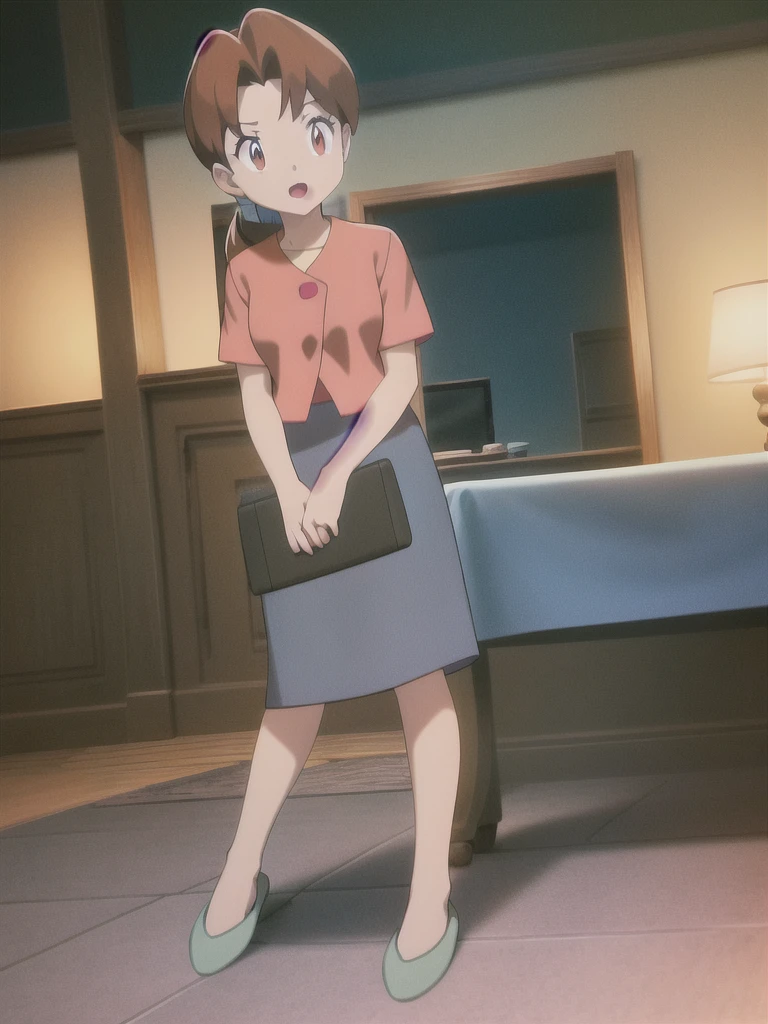 Delia_Ketchum 1girl, full body, looking at viewer, :d, open mouth, (extremely detailed CG unity 8k wallpaper), (masterpiece), (best quality), (ultra-detailed), (best illustration), (best shadow), (absurdres), finely detail, skirt, shirt, blue skirt, long skirt, pink shirt, slippers,