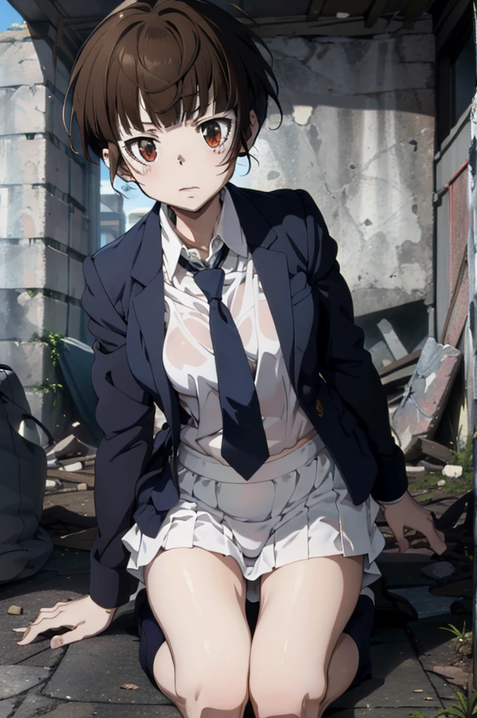 masterpiece,1 Girl,akane tsunemori, (Navy blue tight skirt, Navy blue jacket), White shirt, tie, Pushed to the floor of the ruins, ((Lift-up skirt)), (white panties), Anime Key,