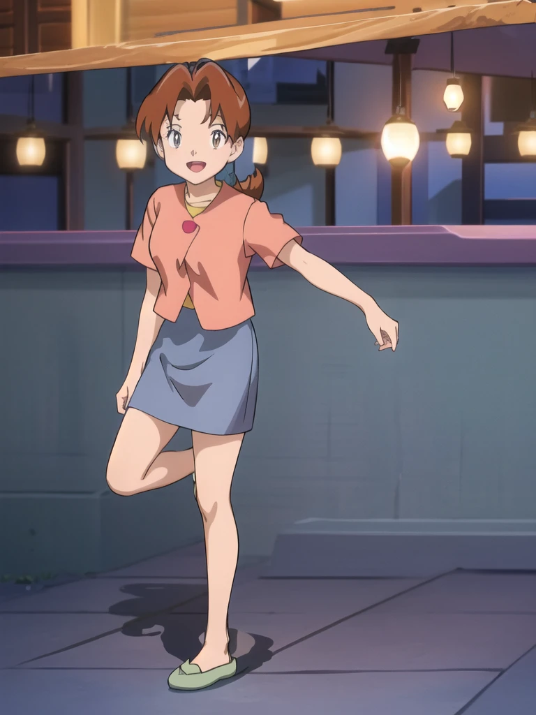 Delia_Ketchum 1girl, full body, looking at viewer, :d, open mouth, (extremely detailed CG unity 8k wallpaper), (masterpiece), (best quality), (ultra-detailed), (best illustration), (best shadow), (absurdres), finely detail, skirt, shirt, blue skirt, long skirt, pink shirt, slippers,