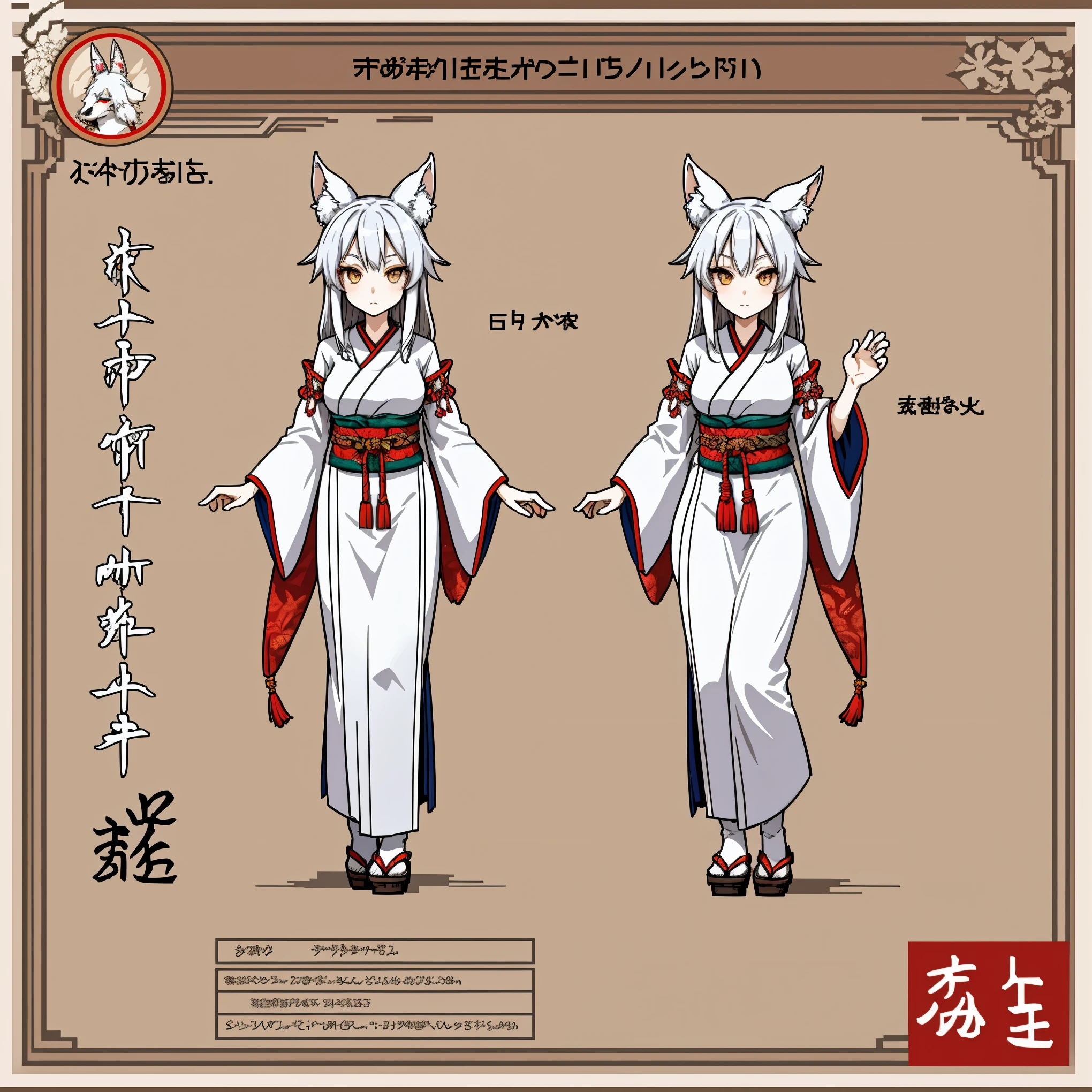 Character Sheet, A graceful wild fox girl with mostly silver hair, Japanese Shrine Maiden Costume, variation, Highest quality, pixel