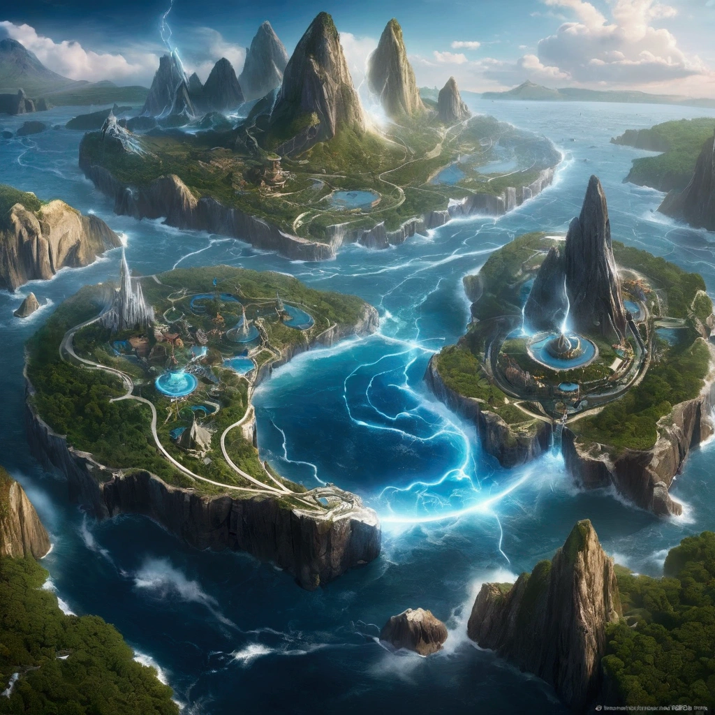 Mysterious Island topographic map,Composed of different elemental materials, panoramic,hurricane,闪electricity,electricity,flame,ice,gem,cloud, Metal Buildings,Wood texture,Wide-angle lens,(Best quality,4K,8k,high resolution,masterpiece:1.2),Ultra Detail,fantasy,Volumetric Lighting,