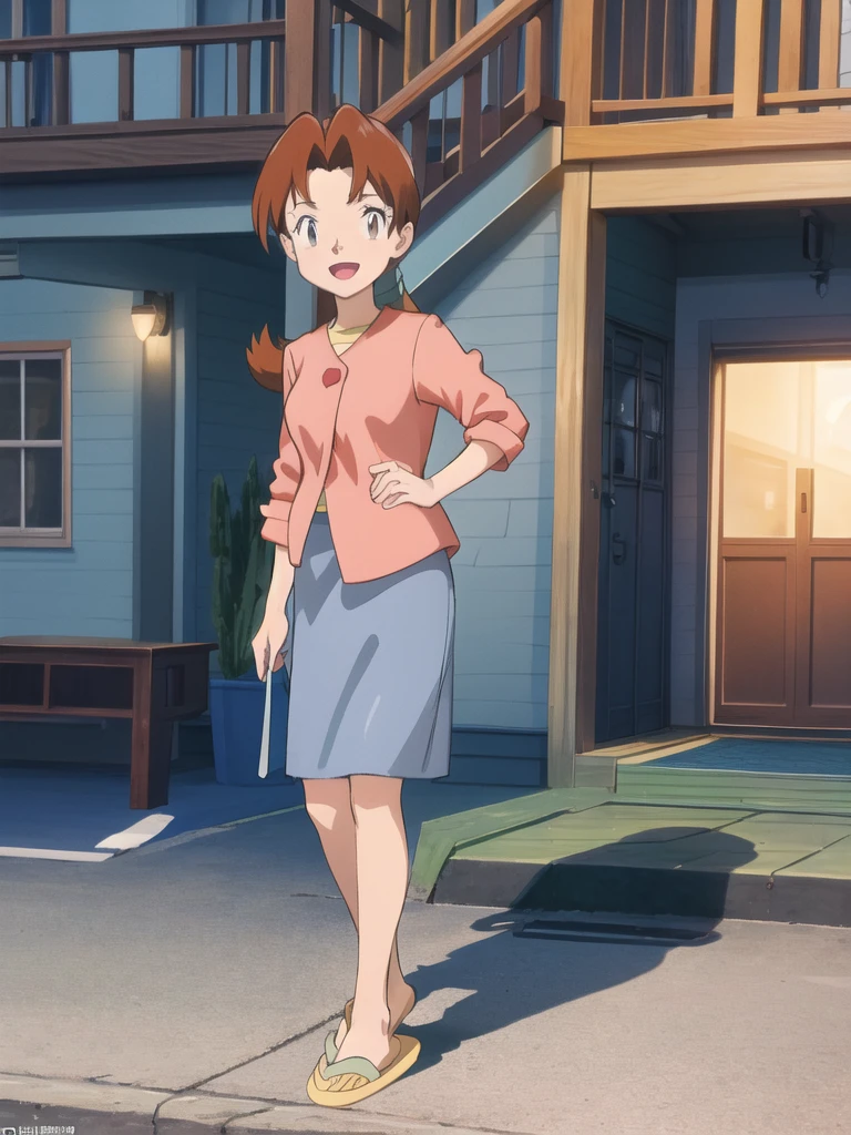 Delia_Ketchum 1girl, full body, looking at viewer, :d, open mouth, (extremely detailed CG unity 8k wallpaper), (masterpiece), (best quality), (ultra-detailed), (best illustration), (best shadow), (absurdres), finely detail, skirt, shirt, blue skirt, long skirt, pink shirt, slippers,