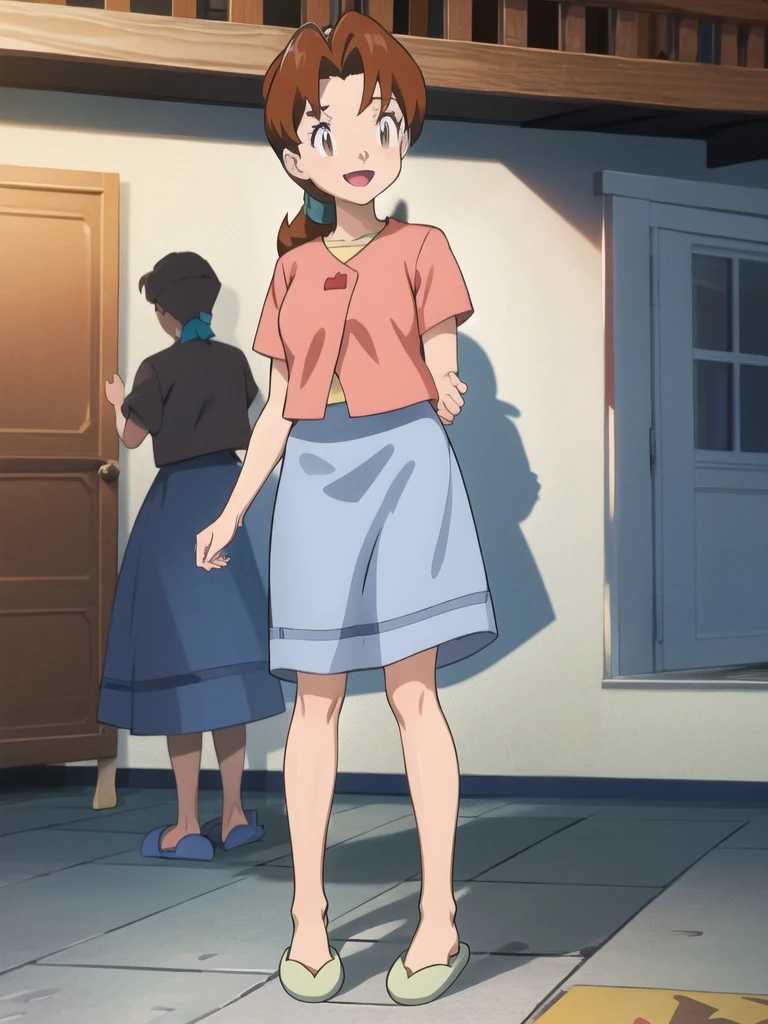 Delia_Ketchum 1girl, full body, looking at viewer, :d, open mouth, (extremely detailed CG unity 8k wallpaper), (masterpiece), (best quality), (ultra-detailed), (best illustration), (best shadow), (absurdres), finely detail, skirt, shirt, blue skirt, long skirt, pink shirt, slippers,