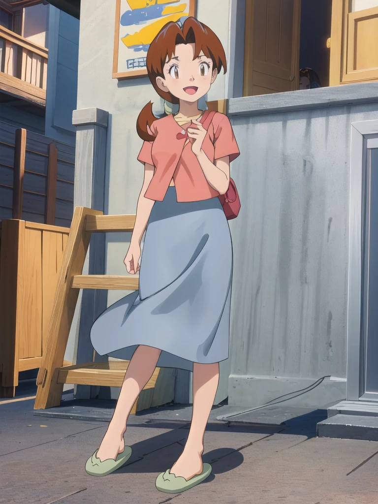 Delia_Ketchum 1girl, full body, looking at viewer, :d, open mouth, (extremely detailed CG unity 8k wallpaper), (masterpiece), (best quality), (ultra-detailed), (best illustration), (best shadow), (absurdres), finely detail, skirt, shirt, blue skirt, long skirt, pink shirt, slippers,