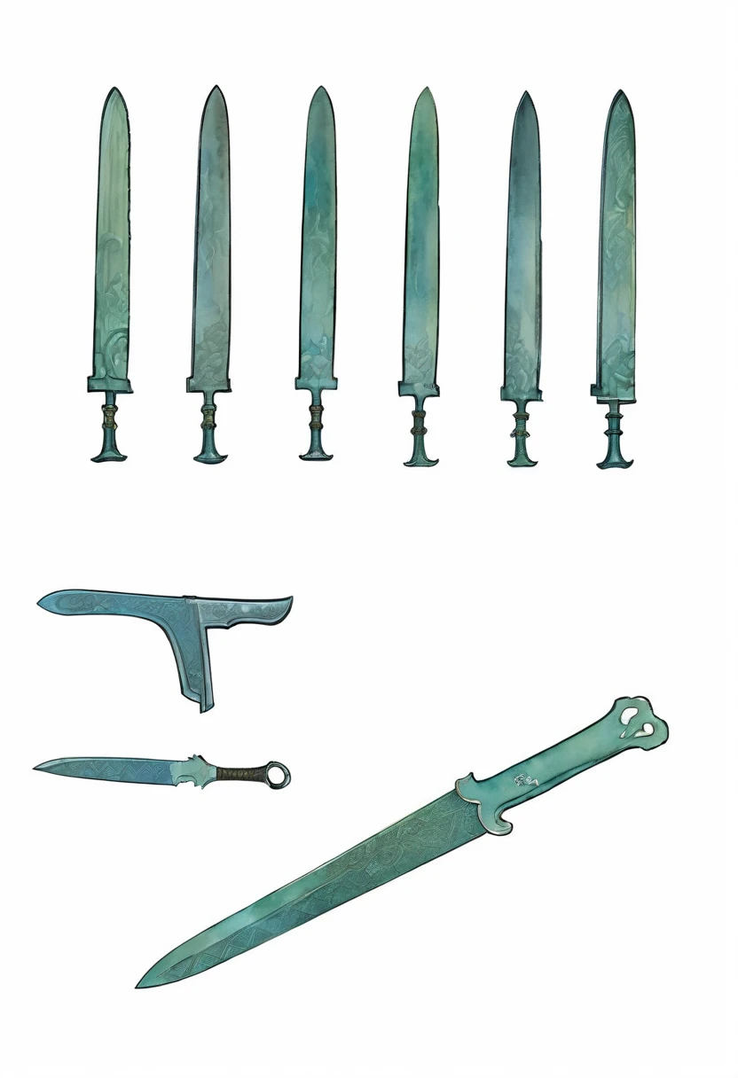 Several different types of knives are displayed in a row, China，Zhou Dynasty，Bronze, sword, Tip of the gun，Ge Ji，dagger，author：Randolph Caldecott, (Watercolor, masterpiece, Line Art, Illustration Art, Professional line art, Super complex and detailed, China画，8k:1.3)