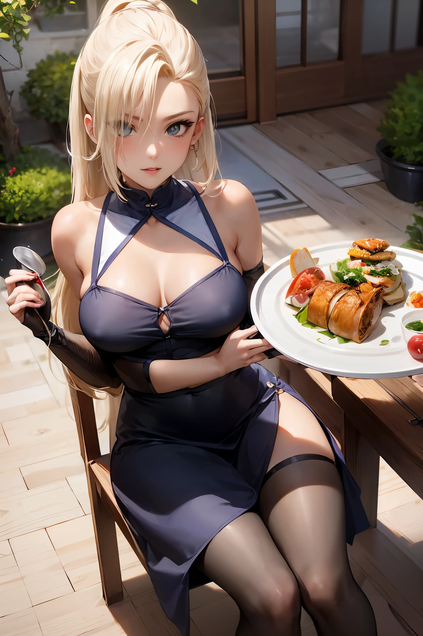 there is a woman sitting on a chair with a tray of food, inspired by Leng Mei, cosplay, anime cosplay, cosplay photo, 2 b, 2b, full body xianxia, mayuri shiina, anime girl cosplay, rin, ayaka cosplay, glamourous cosplay, tifa, cosplayer, captured on canon eos r 6, sha xi, yamanaka ino, long blonde hair, bangs,
