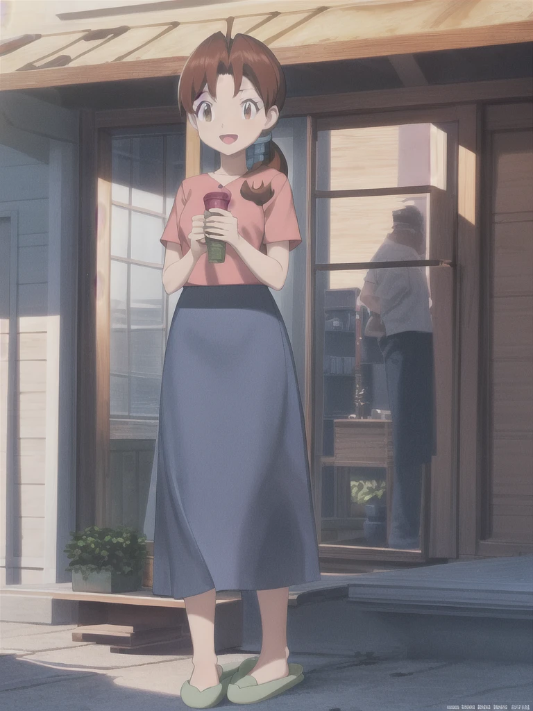 Delia_Ketchum 1girl, full body, looking at viewer, :d, open mouth, (extremely detailed CG unity 8k wallpaper), (masterpiece), (best quality), (ultra-detailed), (best illustration), (best shadow), (absurdres), finely detail, skirt, shirt, blue skirt, long skirt, pink shirt, slippers,