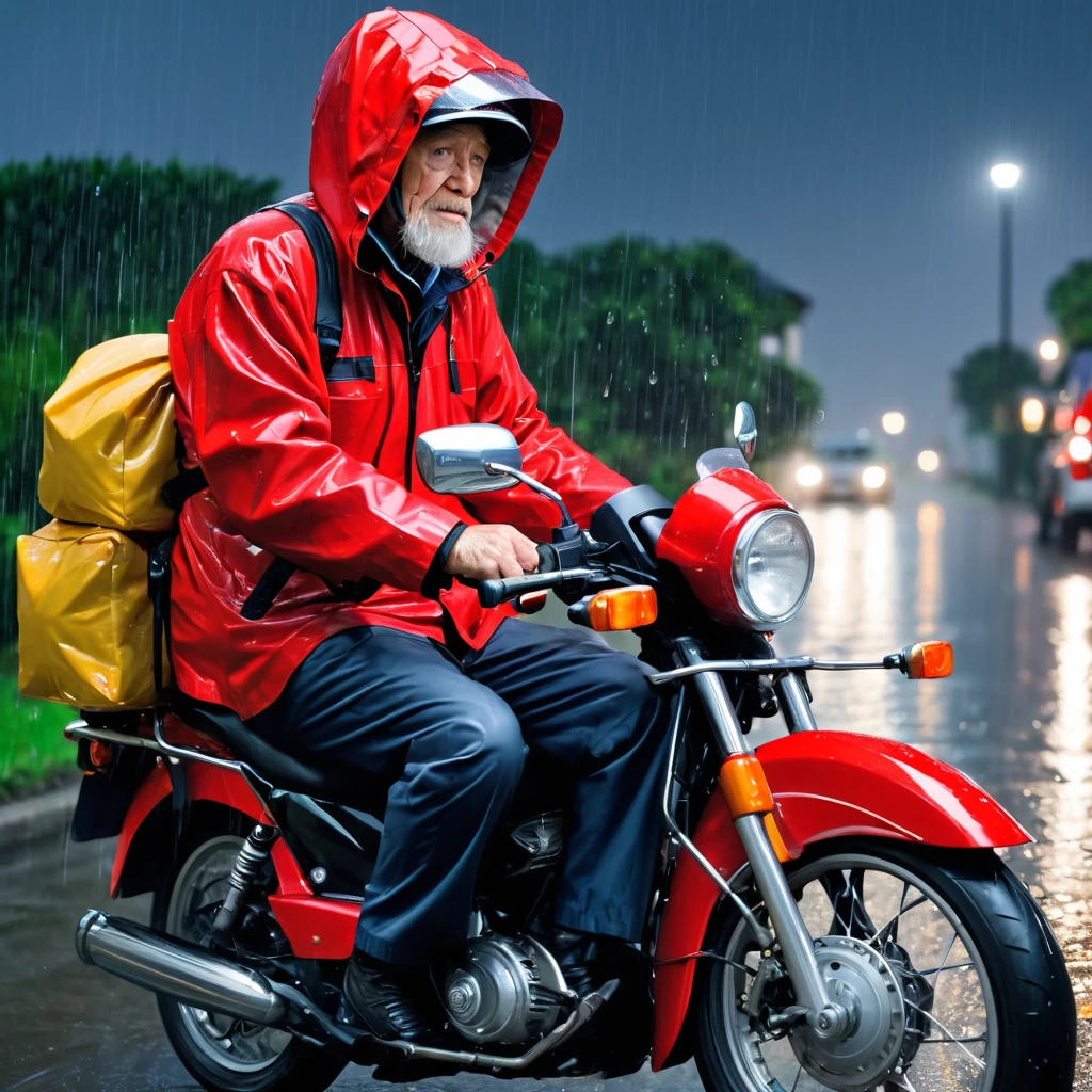 motorcycle courier, delivery, rain, sad, night, bag, inss, retirement, elderly man on the motorcycle, work, red ifoos outfit