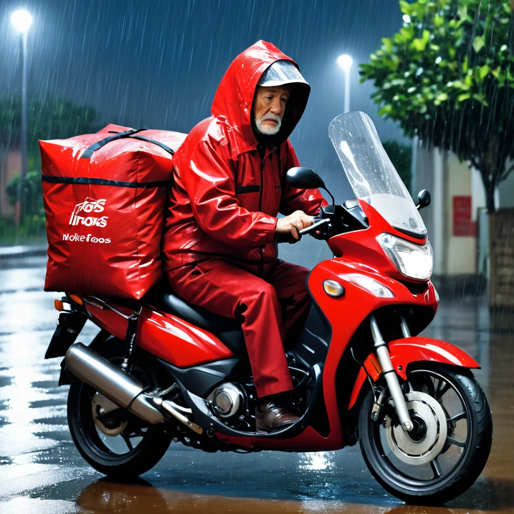 motorcycle courier, delivery, rain, sad, night, bag, inss, retirement, elderly man on the motorcycle, work, red ifoos outfit