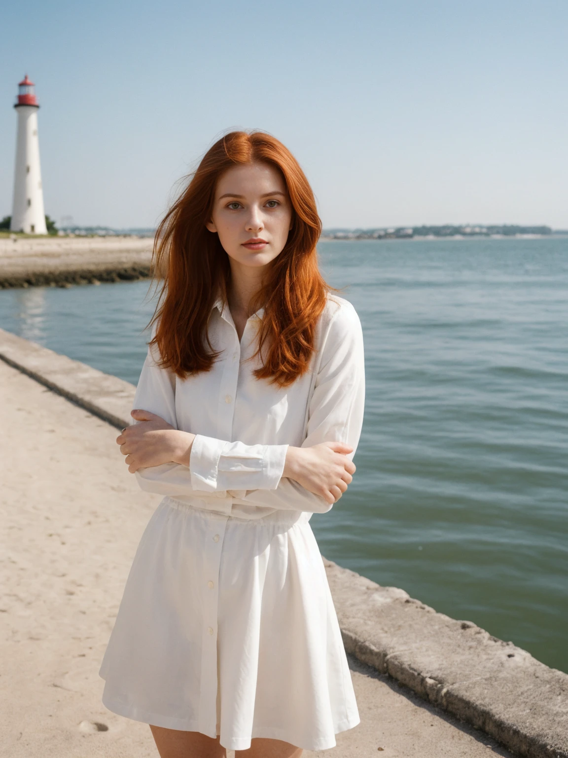 her name is Amelie, high quality, 1girl, ((25-year-old fit Caucasian woman)), ((Caucasian body)) ,((25 years old)), ((fit )), ((long auburn hair)), pose: standing, wearing fashionable Generation-Z modern wear different colored, BACKGROUND: "Walking along the Grande Plage, with its beautiful coastline and historic lighthouse."